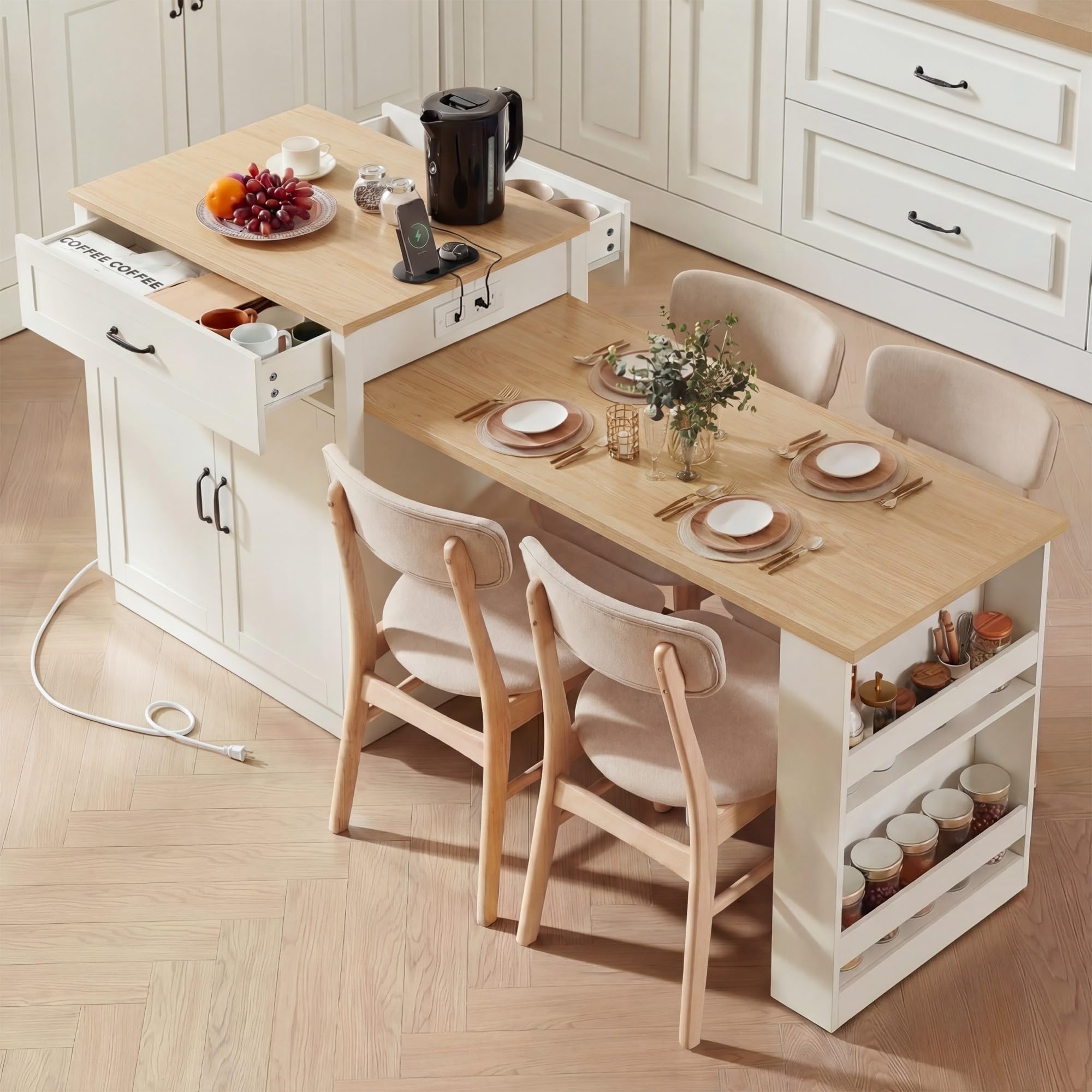 Andehomy 82.7” Kitchen Island with Extendable Dining Table for 4-6 Person, Two-Tone Dining Table with Double-Sized Storage, Power Outlet, Kitchen