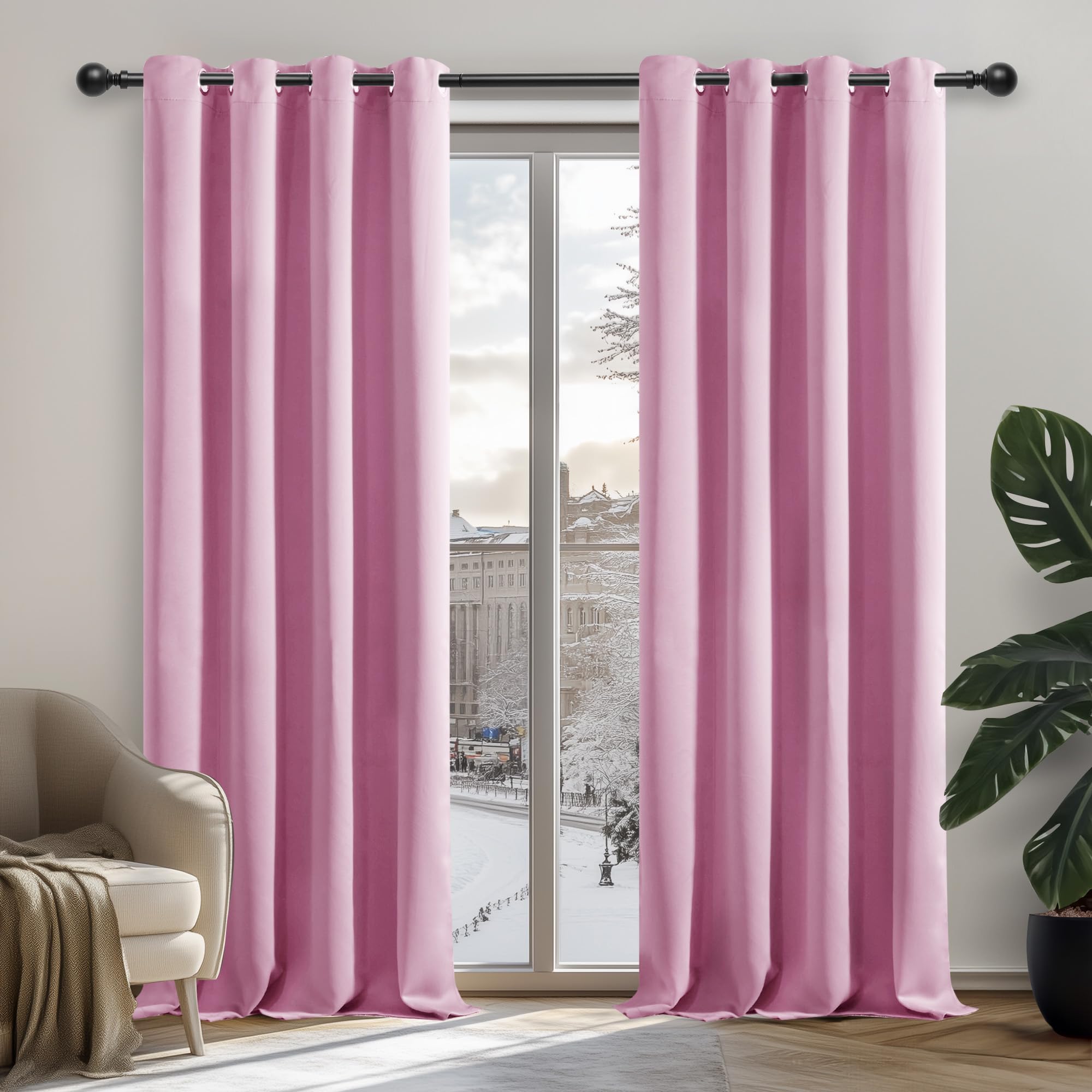 Deconovo Tende Oscuranti per Interni 2 Pezzi 214 CM Altezza, Termiche Isolanti, Anti-Rumore, con Anelli, Ideali per Camera da Letto e Soggiorno, 107x214 CM, Rosa