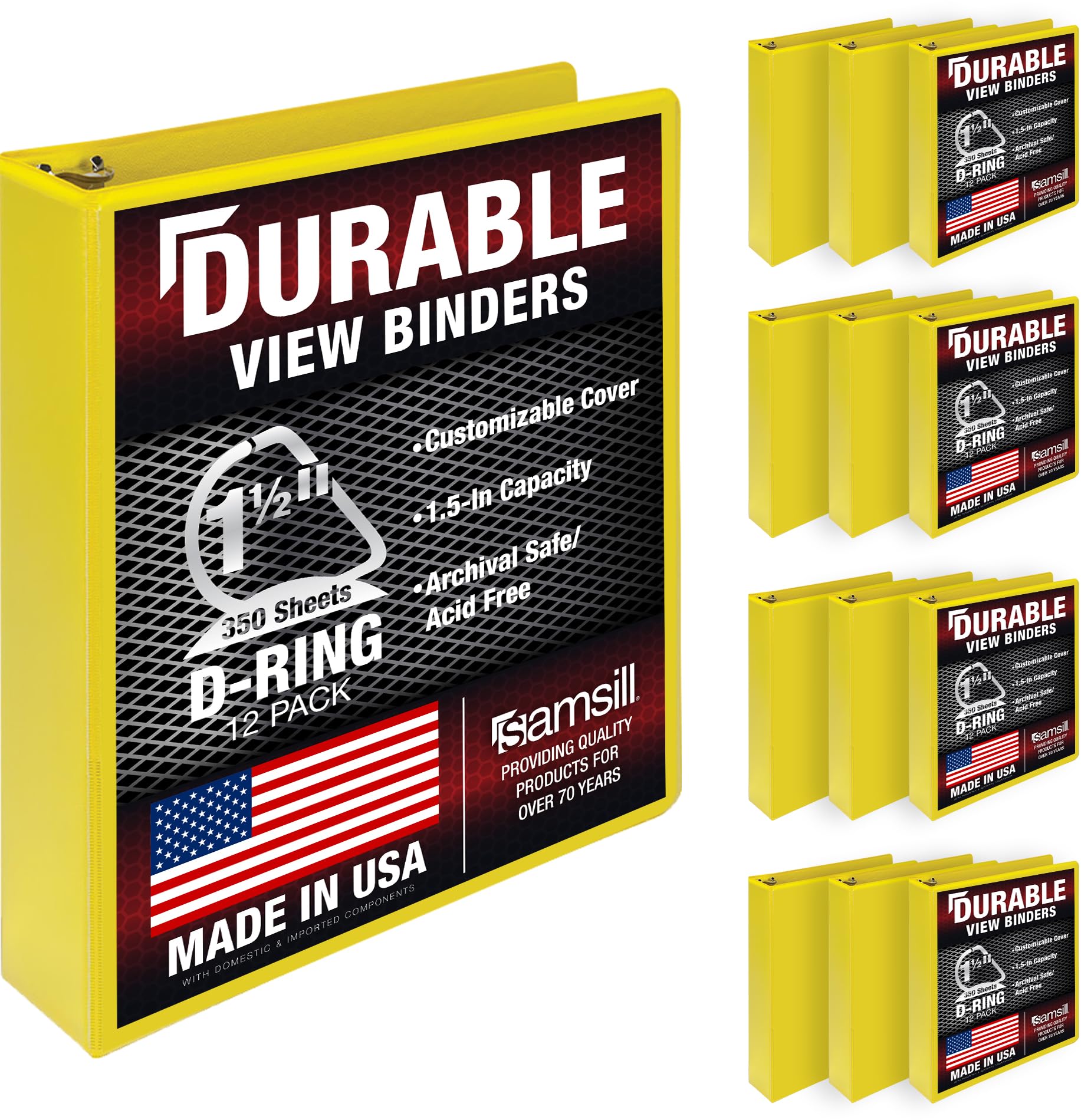 Samsill Durable 1.5 inch 3 Ring Binder, D Ring Binder, 100% Recycled Chipboard, Yellow, 12 Pack