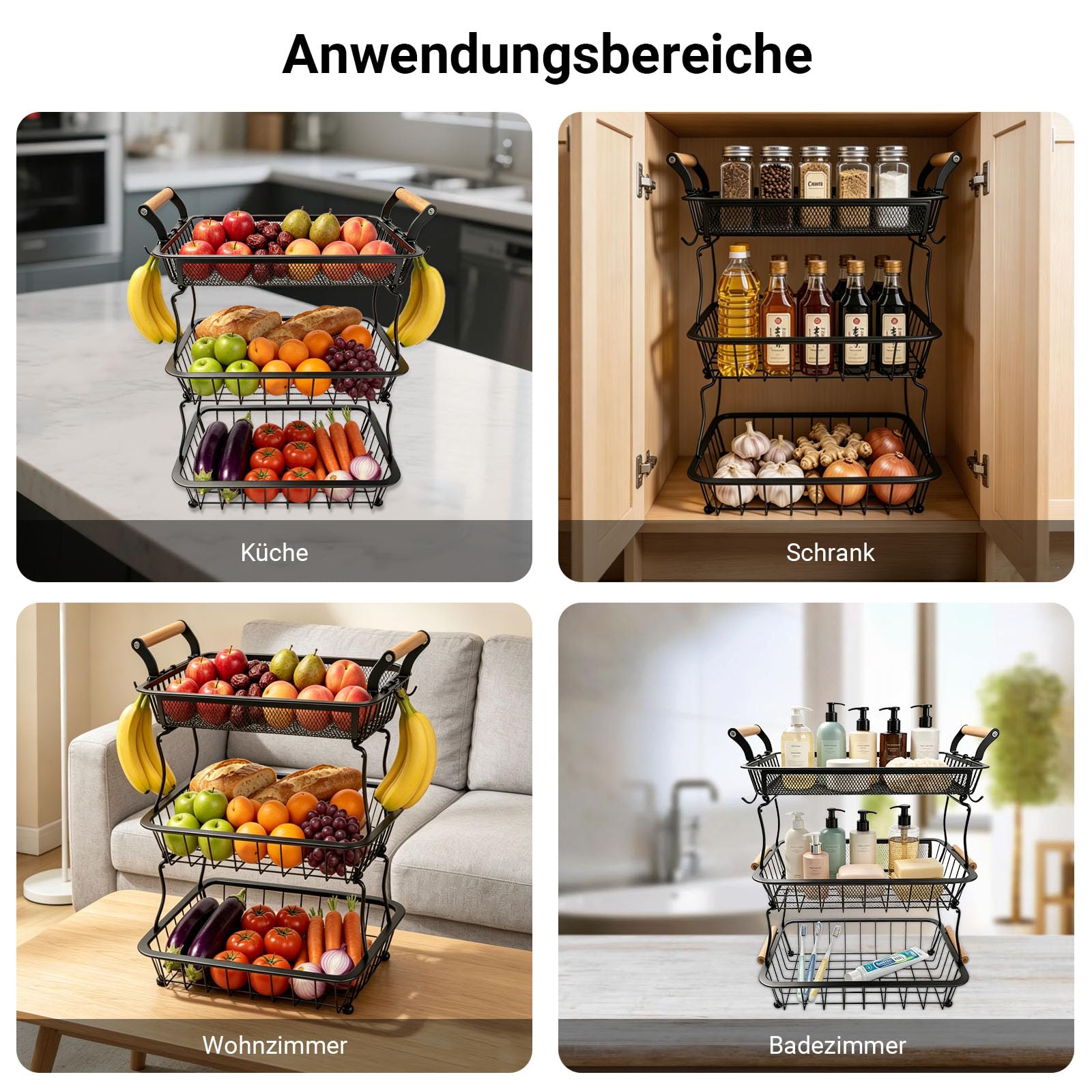 Obstkorb mit 3 Ebenen, Obst-Gemüsekorb mit 2 Bananenaufhängern, Küchenarbeitsplatte, Anrichte, Vorratsschrank, zur Aufbewahrung für Brot, Snacks, Obst（ Schwarz）