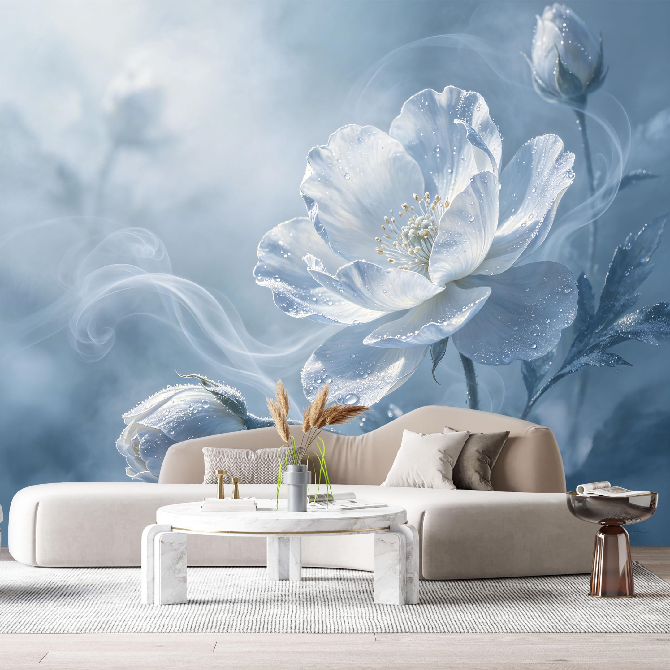 Custom Size Wall Murals White Floral Botanical Monochrome Watercolor Petals Dew Drops SelfAdhesive Wall Fabric Removable Large Wallpaper for Photo Living Room