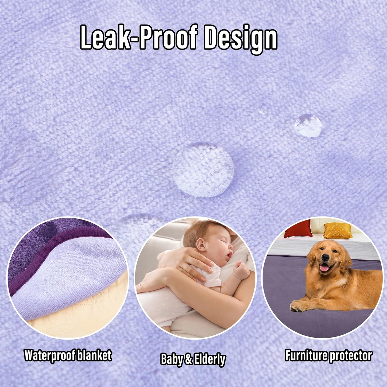 Waterproof Blanket for Bed Couch Sofa, 60"x80" Reversible & Washable, Waterproof Blanket Queen Size, Water Resistant Twin Bed Blankets, Leakproof (Deep Purple/Light Purple)