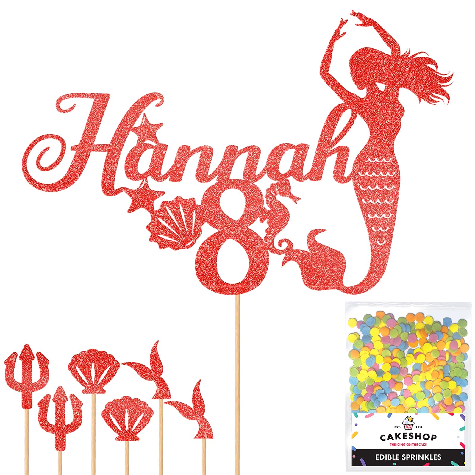 Personalised Birthday Mermaid Glitter Cake Topper- Red Any Custom Age & Name Glitter Cake Decoration and Sprinkles - Happy Birthday Decorations - Personalised Toppers for Cakes by Cakeshop — image 1