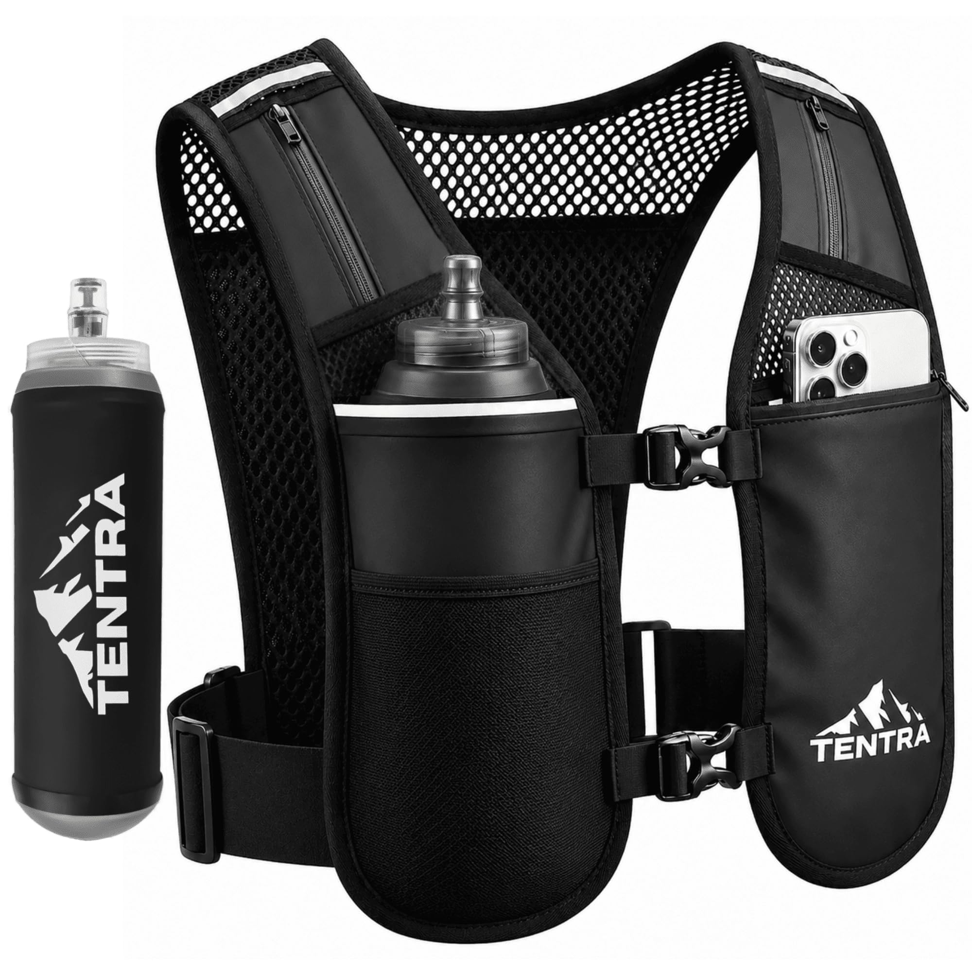 TENTRA Running Phone Holder Vest | Waterproof Phone Pouch | Adjustable Reflective Vest | 8 Pockets, Lightweight Running Hydration Vest | Running Accessories for Men & Women