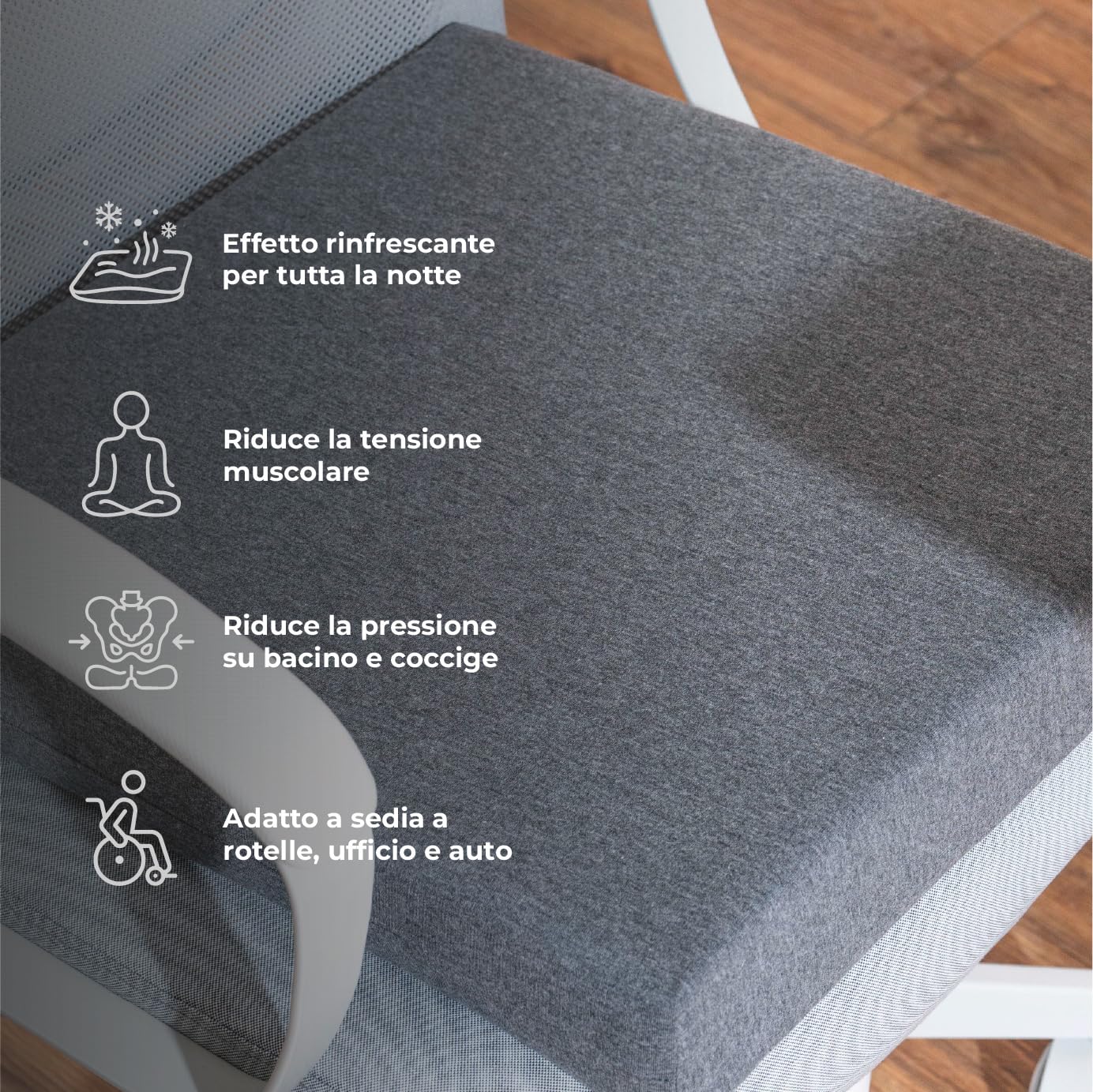 IlGruppone Cuscino Sedia a Rotelle Antidecubito con Gel Rinfrescante 45x43x7 cm in Memory Foam – Supporto Comfort per Ufficio e Auto, Riduce Pressione su Coccige e Bacino, Sfoderabile e Traspirante