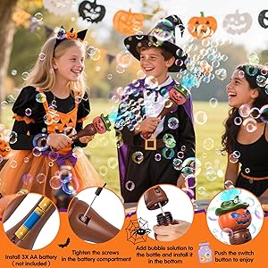 Halloween Pumpkin Bubble Wand for Kids - 2 Pack Automatic Bubble Machine Blower Toys for Toddlers 3-8 with LED Lights, Music Function, DIY Stickers,10 Refill Solutions, Halloween Party Favors Gifts