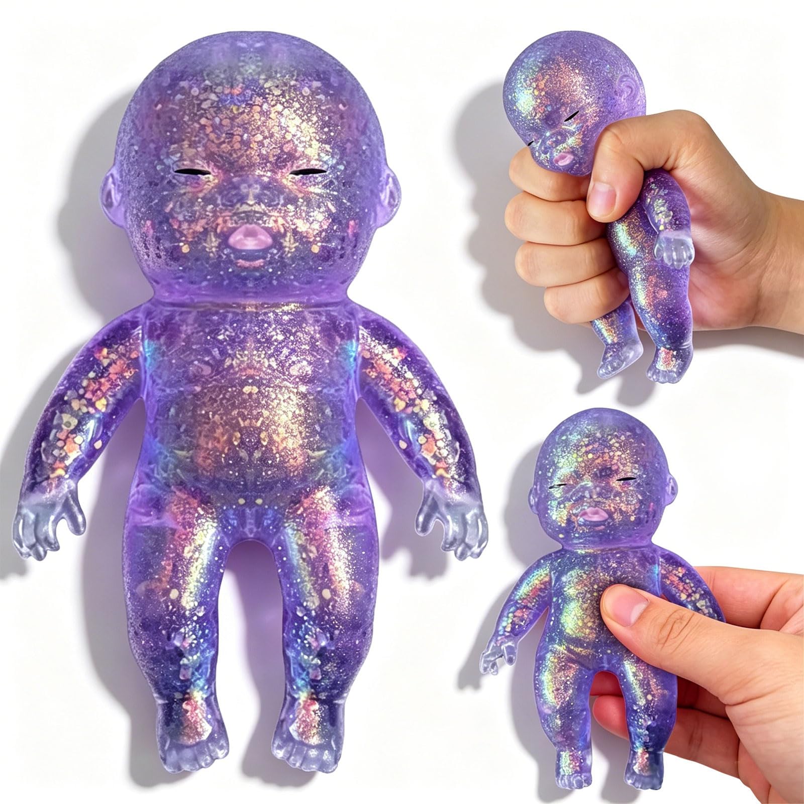 Glitter Babies Doll Squishies Stress Toy - Soft Squeezable Fidget Toy, Cute Sparkly Sensory Decompression Doll for Adults, Portable Slow Rising Squishy for Desk Decor & Anxiety Relief Gift (Purple)