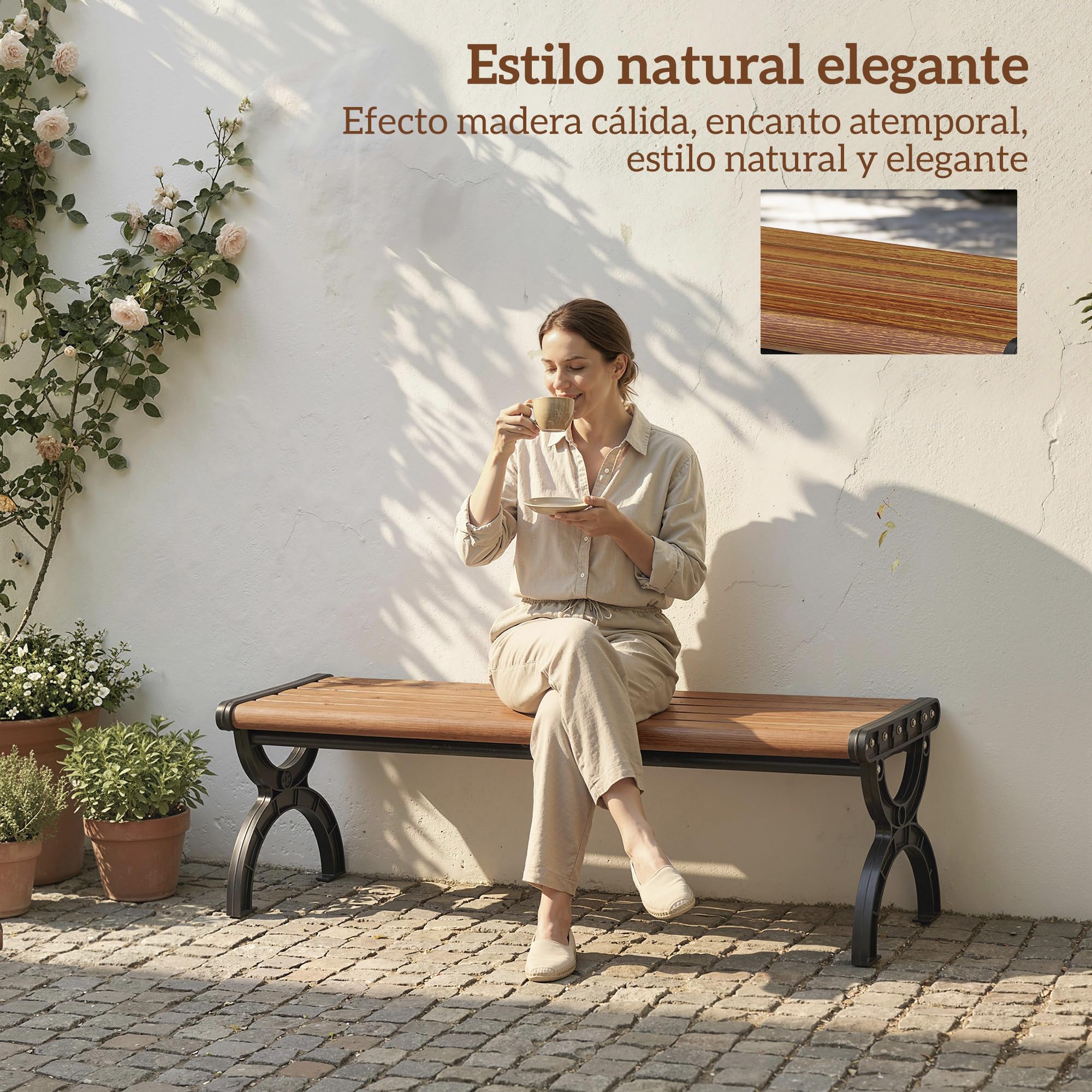 Outsunny Banco de Jardín Exterior de 2 Plazas Patio 124x39x39 cm Marrón | Banco Exterior, Estructura Metálica, Asiento Listonado, para Terraza