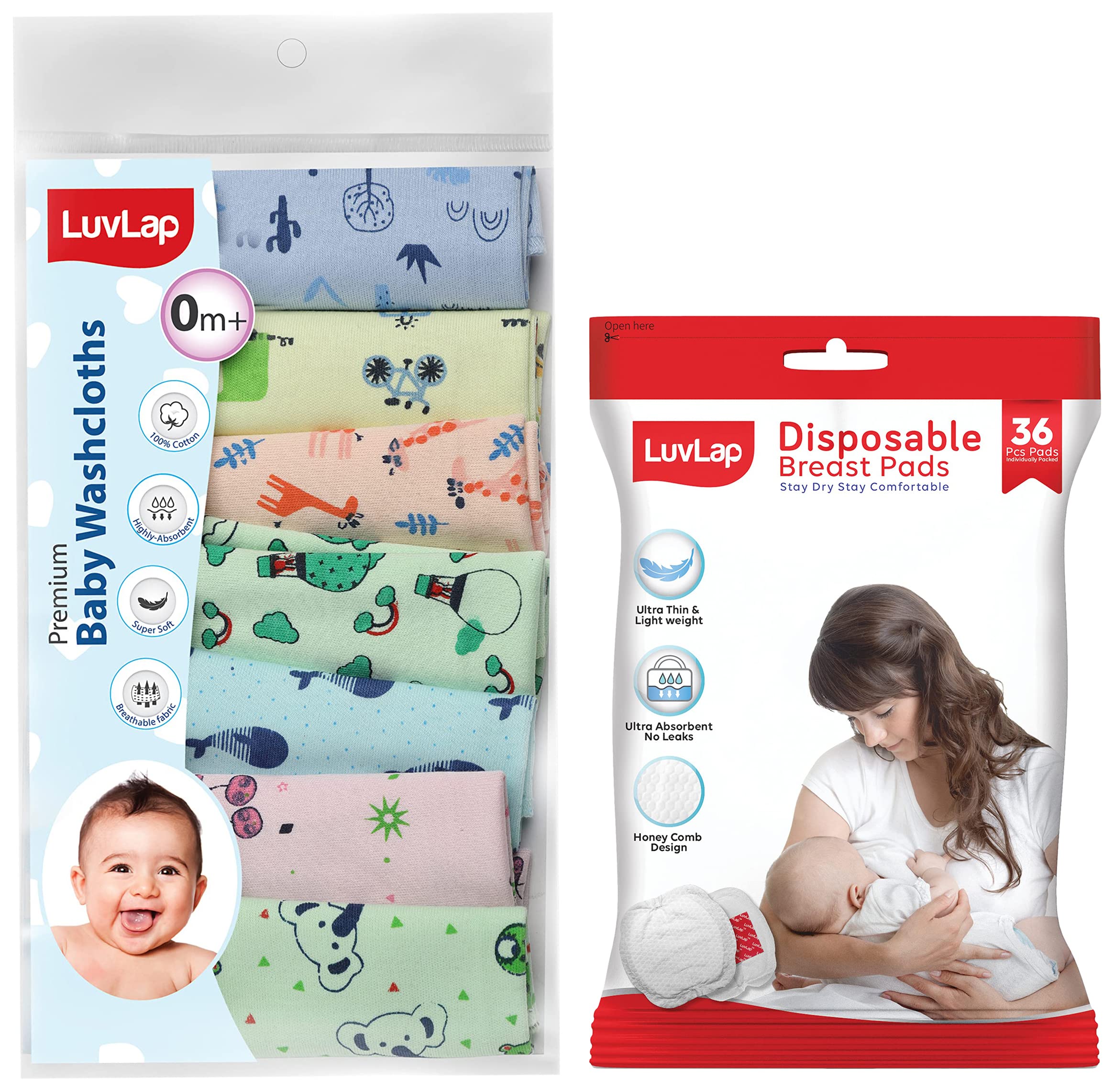 Luvlap Ultra Thin Honeycomb Nursing Breast Pads, 36Pcs, Disposable, High Absorbent, Discreet Fit & Hosiery Cotton Cloth Premium Baby Washcloth, Giraffe Print, Pack of 7 Pcs, Multicolour-image-12