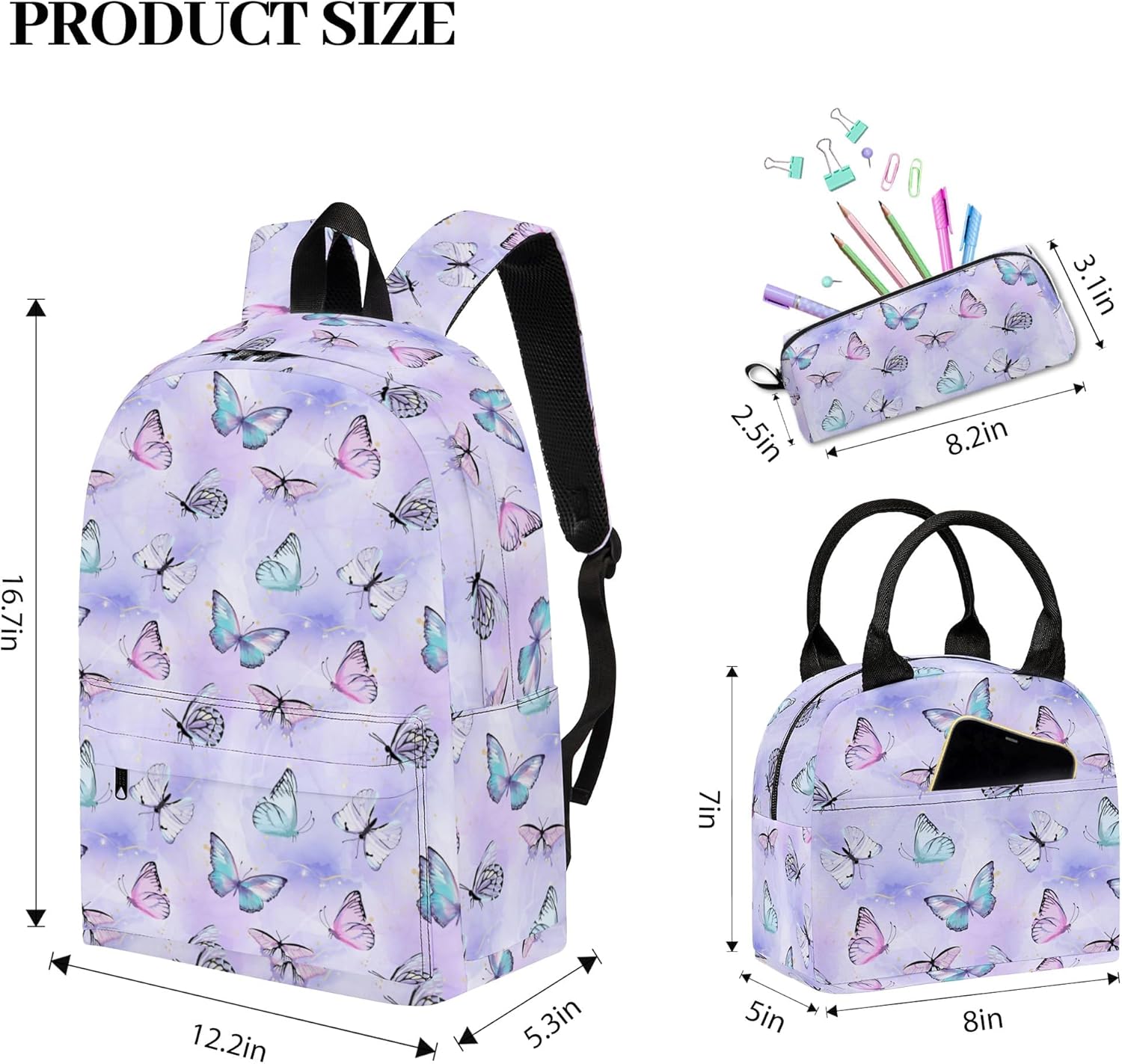 Butterfly Printed Backpack Set for Girls Kids, 3Pcs Bookbag with Pencil Case for school, 17 Inch Lightweight Laptop Backpack with Lunch Bag for Women Teens Office, High School