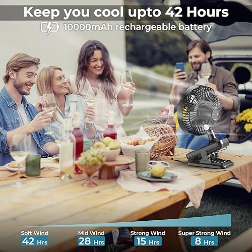 Miniatura 9 de Ventilador de batería de 10000 mAh ventilador portátil recargable de 8 pulgadas con gancho y luz para camping tienda de campaña carrito de golf