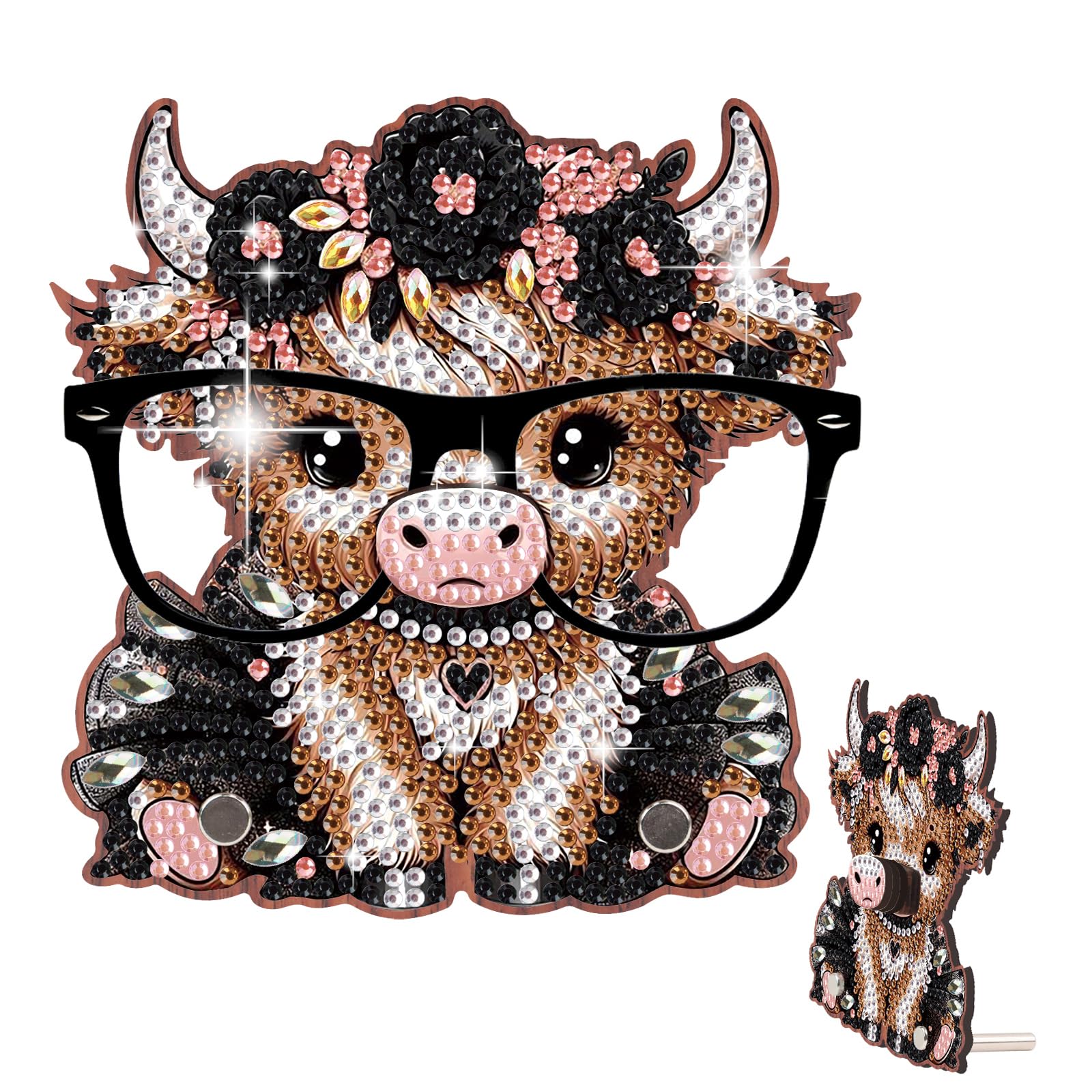 DIY Special Shaped Diamond Art Glasses Holder, Wooden 5D Rhinestone Eyeglass Stand for Adults, Diamond Art Tabletop Ornament, Handmade Desk Organizer & Decor Craft Gift(Cute Cow)