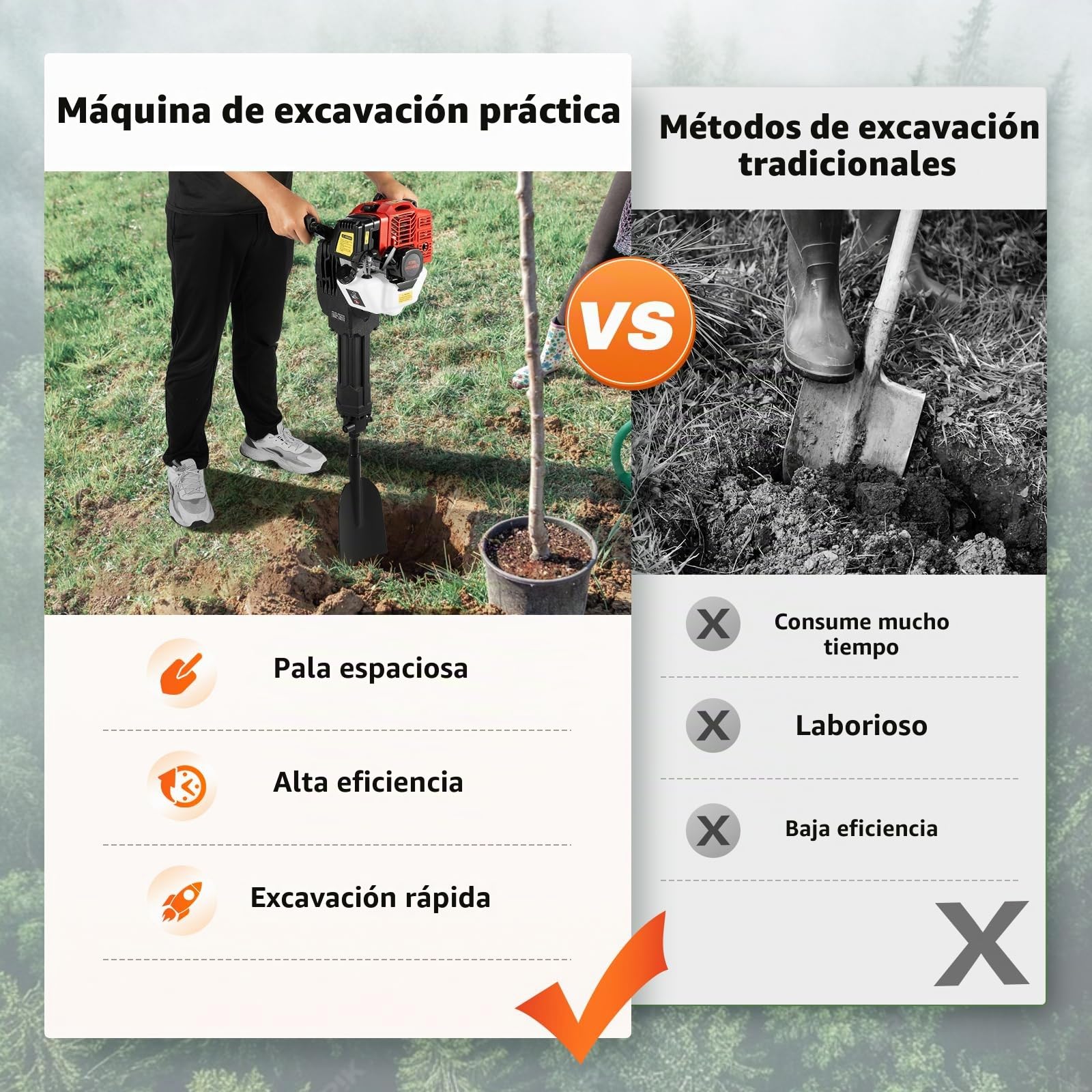 Máquina de Excavación de Árboles 52CC, 1900W Motor Gasolina 2 Tiempos, Portátil con Velocidad Ajustable Mini Excavadora Ideal para Jardines y Silvicultura