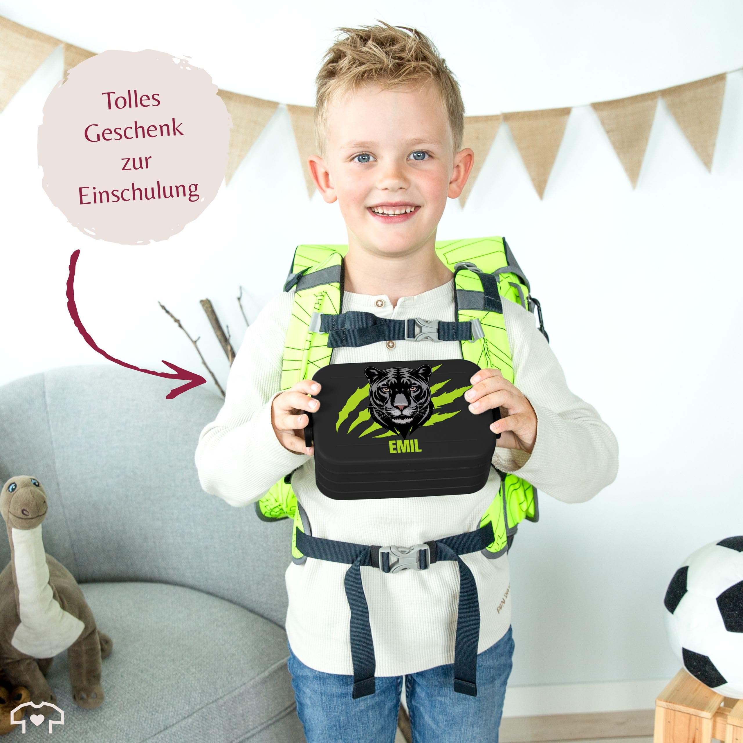 Kinder Bento Box Midi Lunchbox für Mepal Bentobox - Einschulung Geschenk Brotbox Panther mit Name personalisiert I Schulkind Geschenk Schule I Schulanfang I Schuleinführung - 900 ml - Schwarz