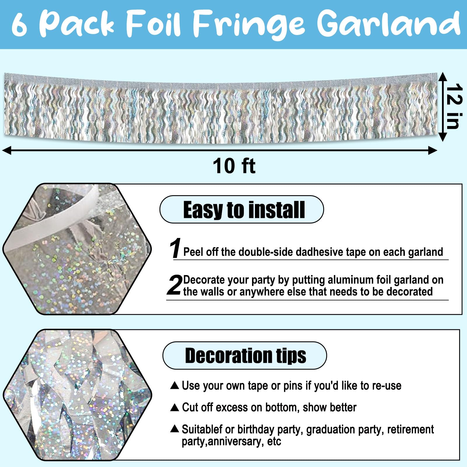 Lot de 6 guirlandes de franges en feuille d'aluminium métallique de 3 m à suspendre au mur pour flotteurs de défilé, fête des mères, Pâques, remise de diplôme, mariage, décoration de fête
