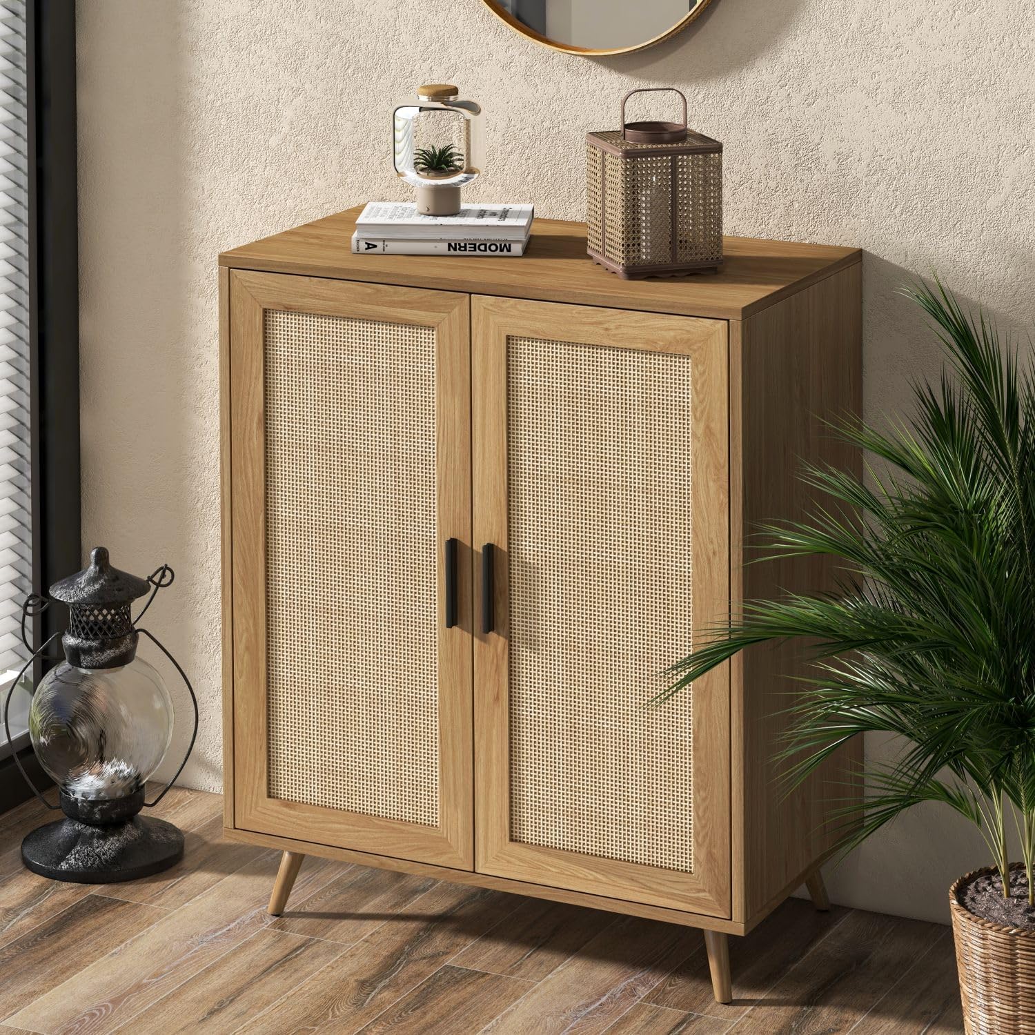 Xilingol Rattan Storage Cabinet, Sideboard Buffet with Rattan Decor Doors, Sideboard Accent Cabinet with Solid Pine Wood Feet for Hallway, Entry, Living Room, Natural