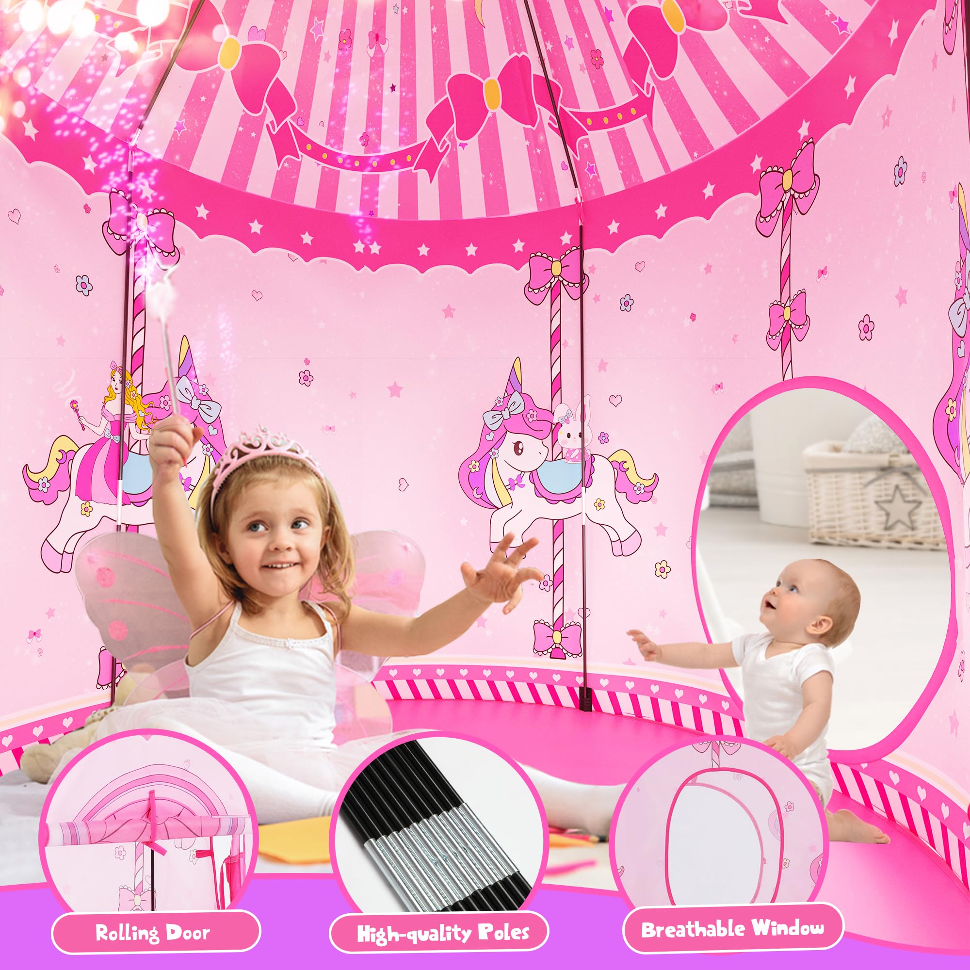 3 in 1 Girls Princess Play Tent for Kids: Pop Up Toddlers Playhouse with Baby Crawl Tunnel, Ball Pit and Castle Tent - Pink Children Play Tent Toys Indoor and Outdoor Game for Birthday Gift