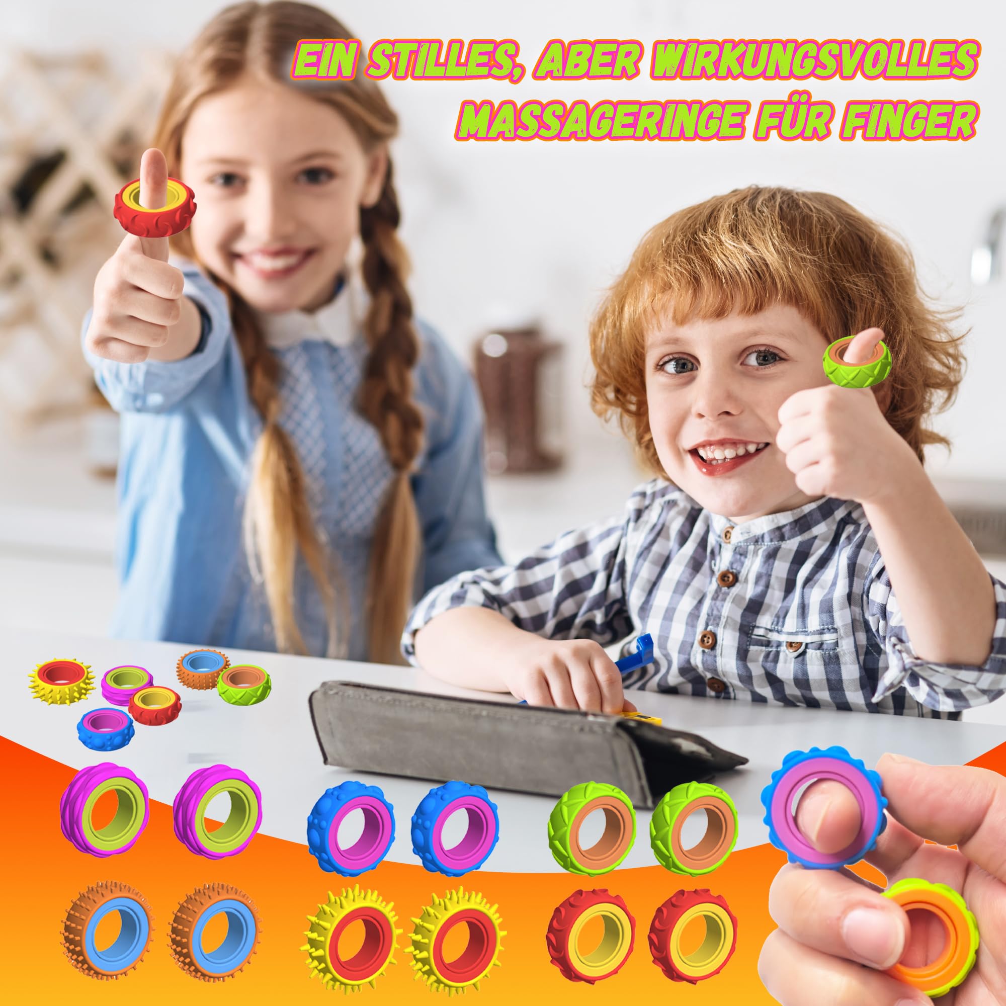 Zestaw 12 zabawek Fidget Ring dla dzieci i dorosłych, silikonowe pierścienie antystresowe, Fidget Spinner do pomocy przy ADHD, do akupresury, zabawki autystyczne, pierścienie do masażu palców