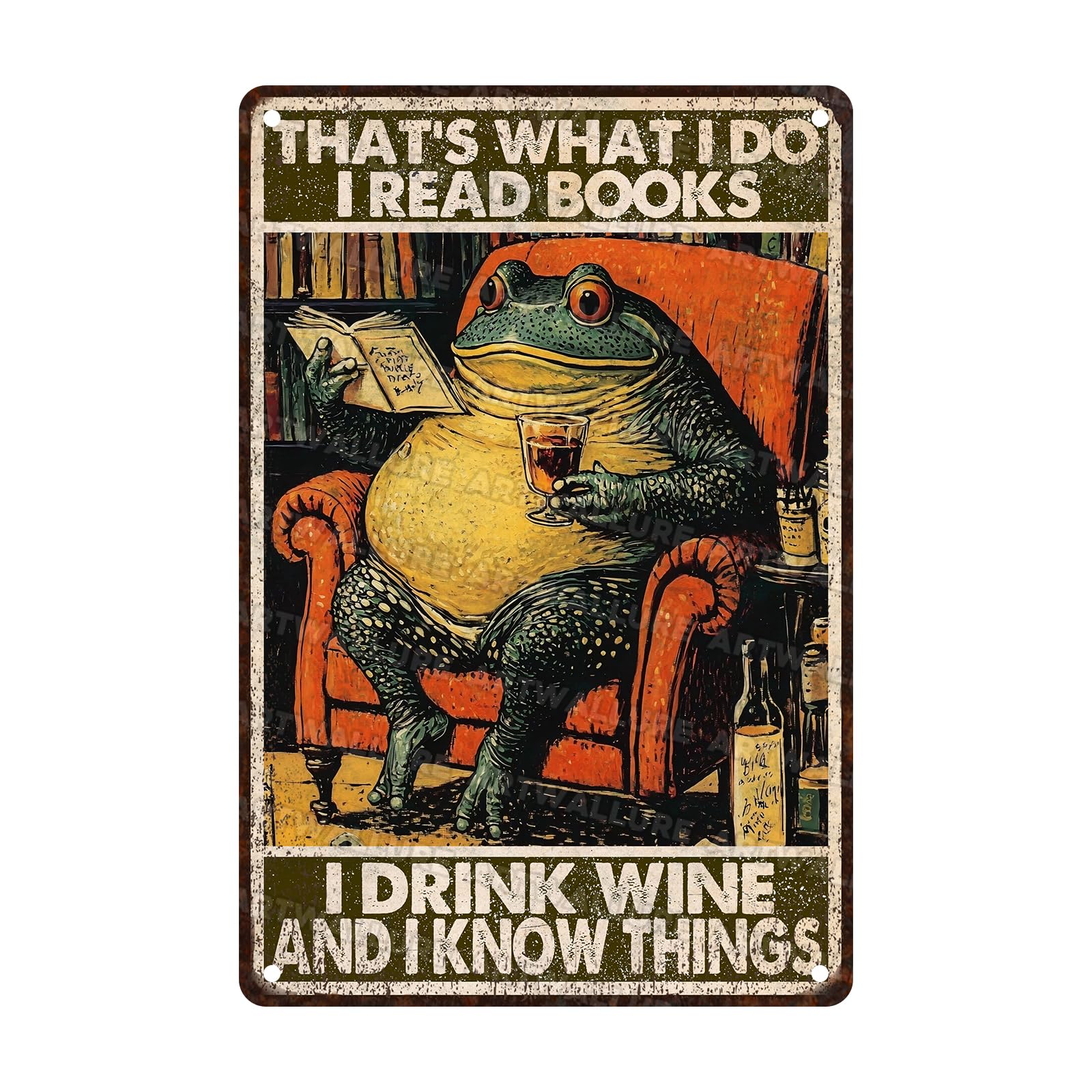 Frog Vintage Sign Funny Frog Reading Book Sign Frog Drinking Wine Sign Wall Decor for Home Retro Metal Tin Sign Metal Frog Sign Home Decor For Frog Lovers 8x12Inch