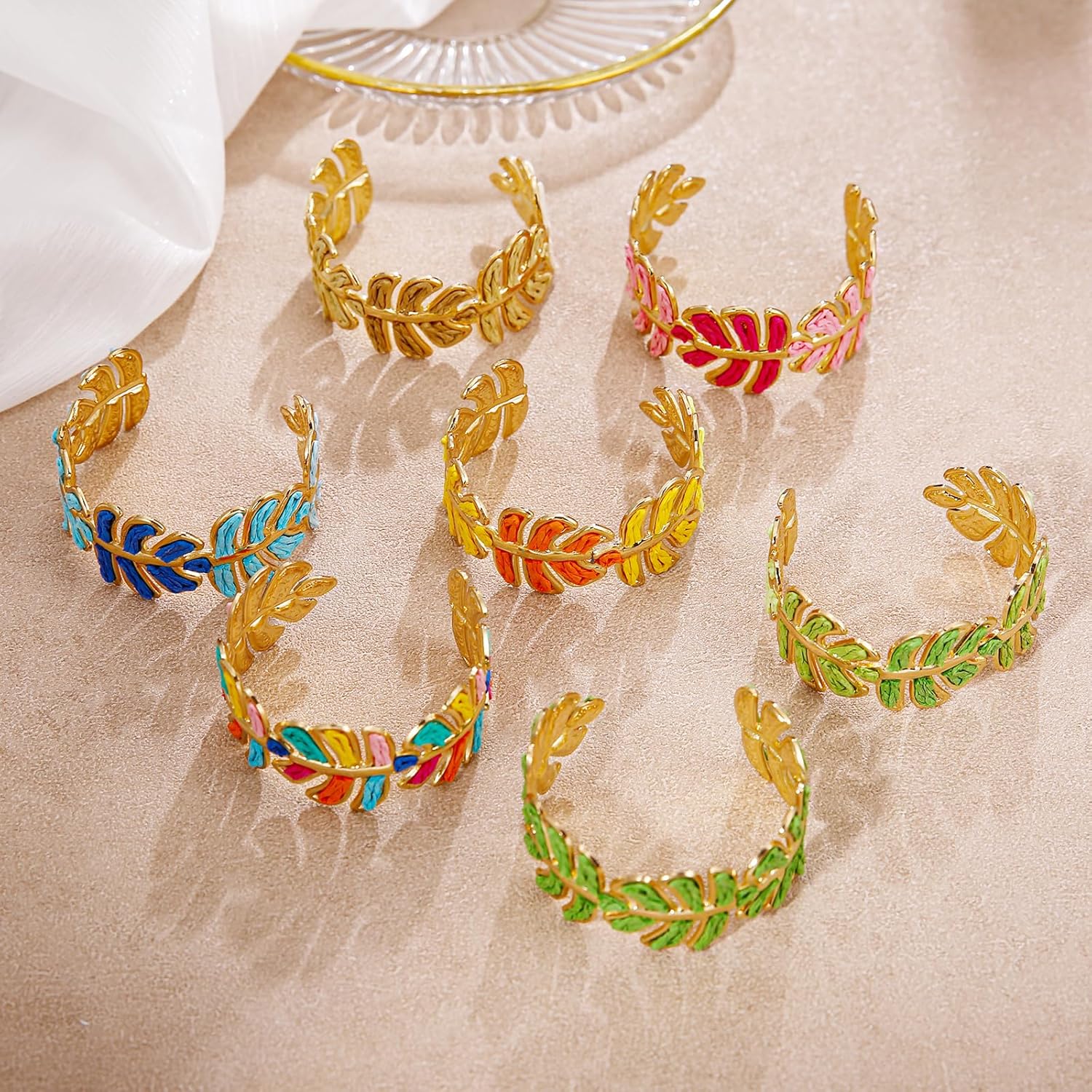 Women's Raffia Cuff Bracelet with Monstera Leaf, Handmade Summer Beach Jewelry, Vibrant Gradient Colors, Adjustable Open Cuff Design - Image 6