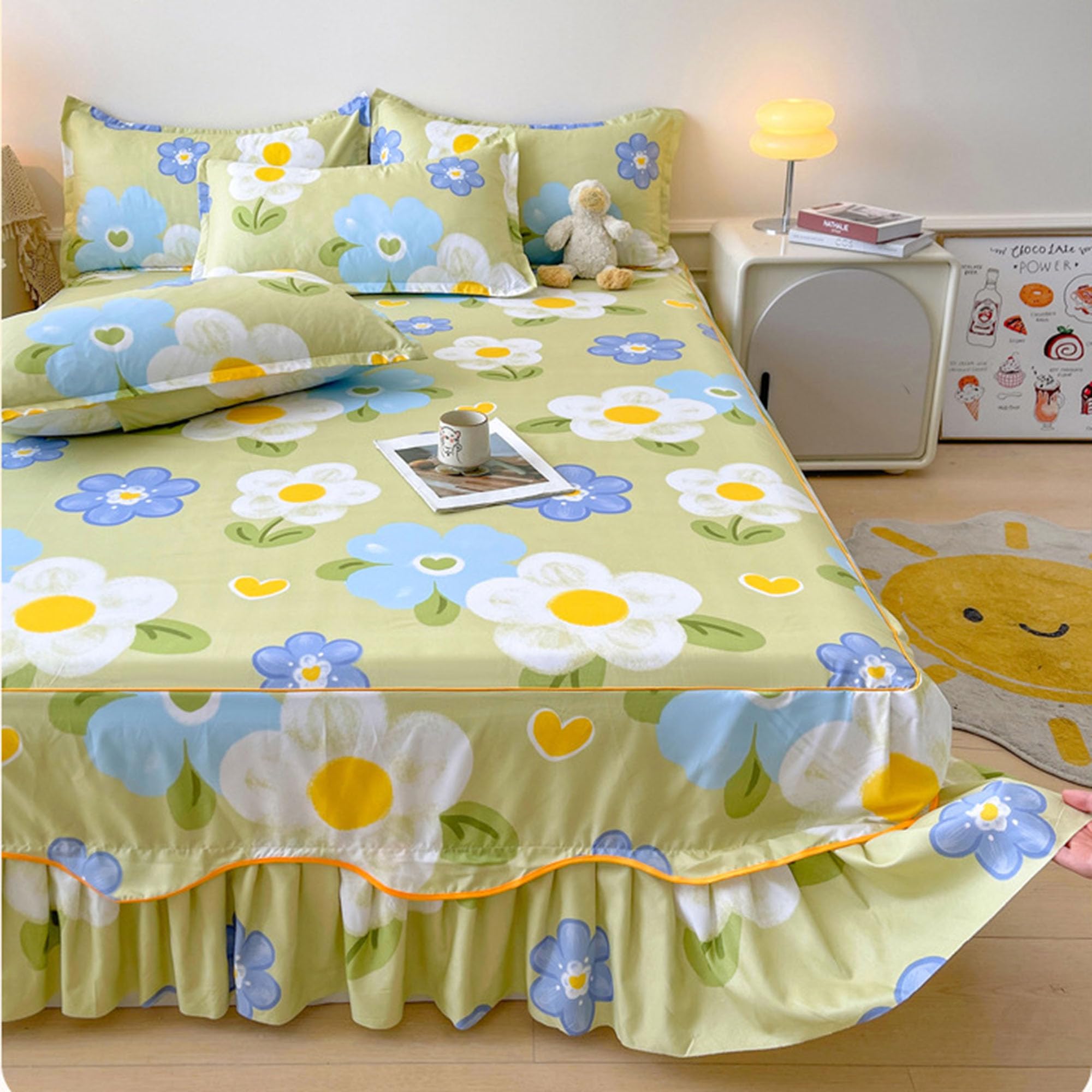 Falda de Cama Floral Vintage, Colcha De Doble Capa con Volantes