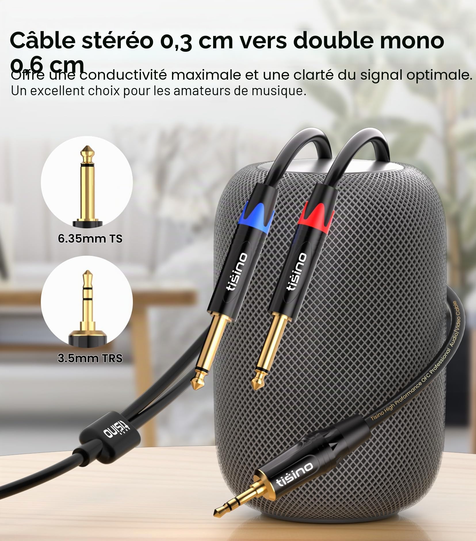 Tisino Câble stéréo 3,5 mm vers 6,35 mm, mini jack TRS stéréo vers double TS mono 6,35 mm, câble audio répartiteur en Y, câble audio auxiliaire vers jack – 3 m
