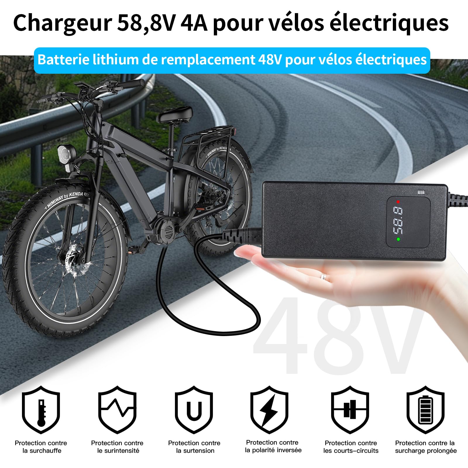 Cargador de 58,8 V 2 A para batería de iones de litio 52 V - Cargador de bicicleta eléctrica y patinete con pantalla LED