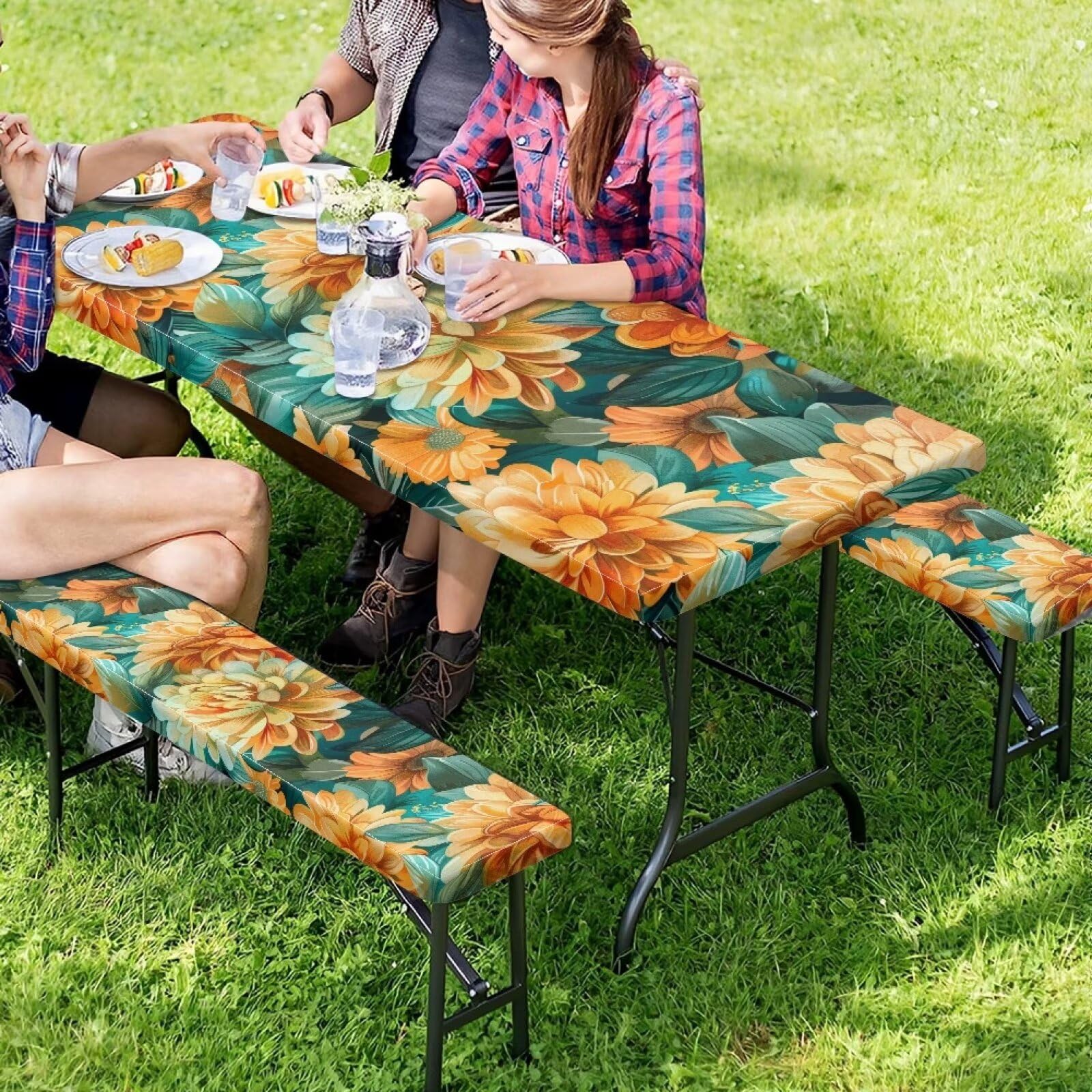Flashideas Floral Picnic Table Cover with Bench Covers Camping Essentials with Elastic Rectangle Tablecloths Fitted Tablecloth for Tables Fitted Rectangle Tables and Seats