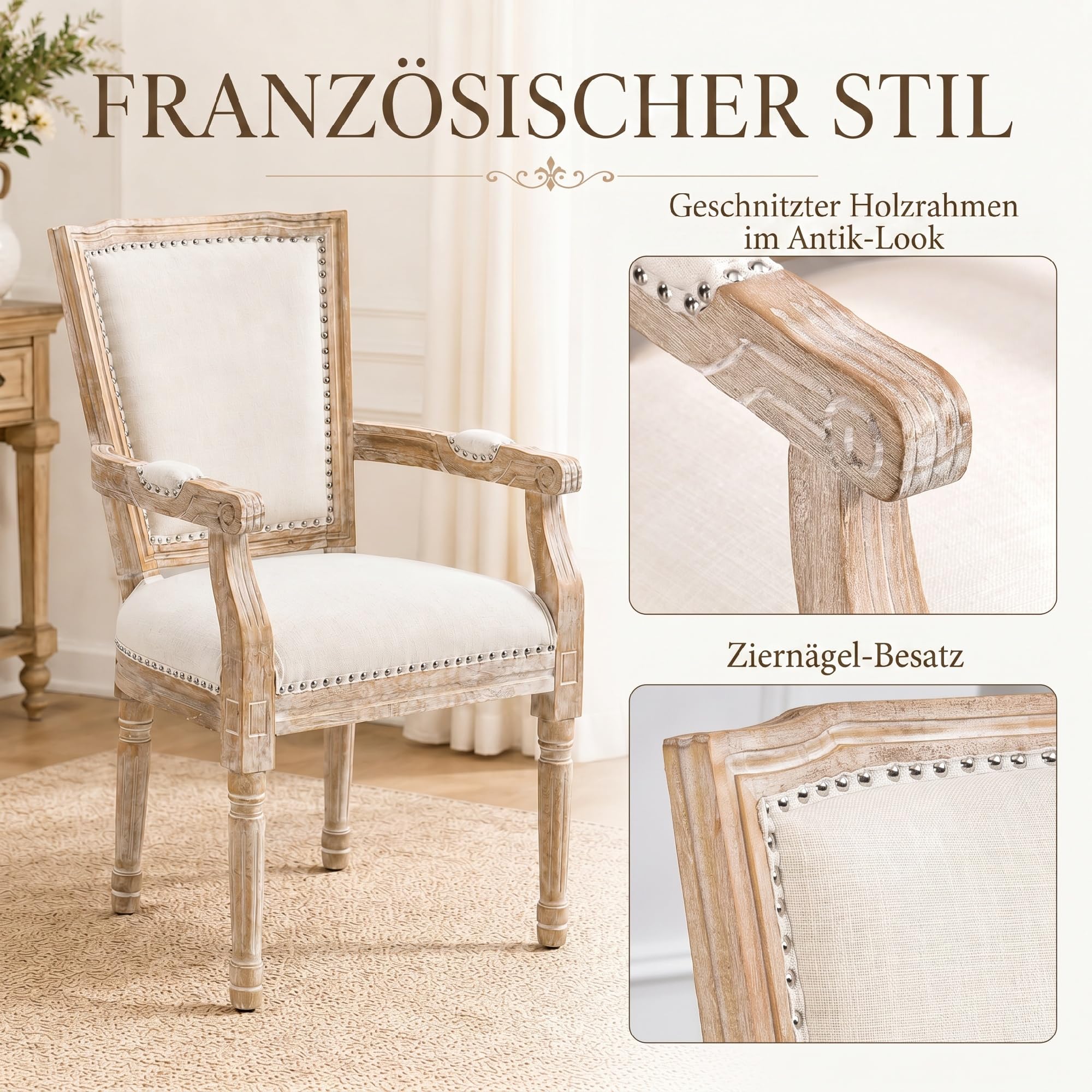HOMCOM Esszimmerstuhl mit Rückenlehne, Leinenoptik, Holzbeine, Cremeweiß