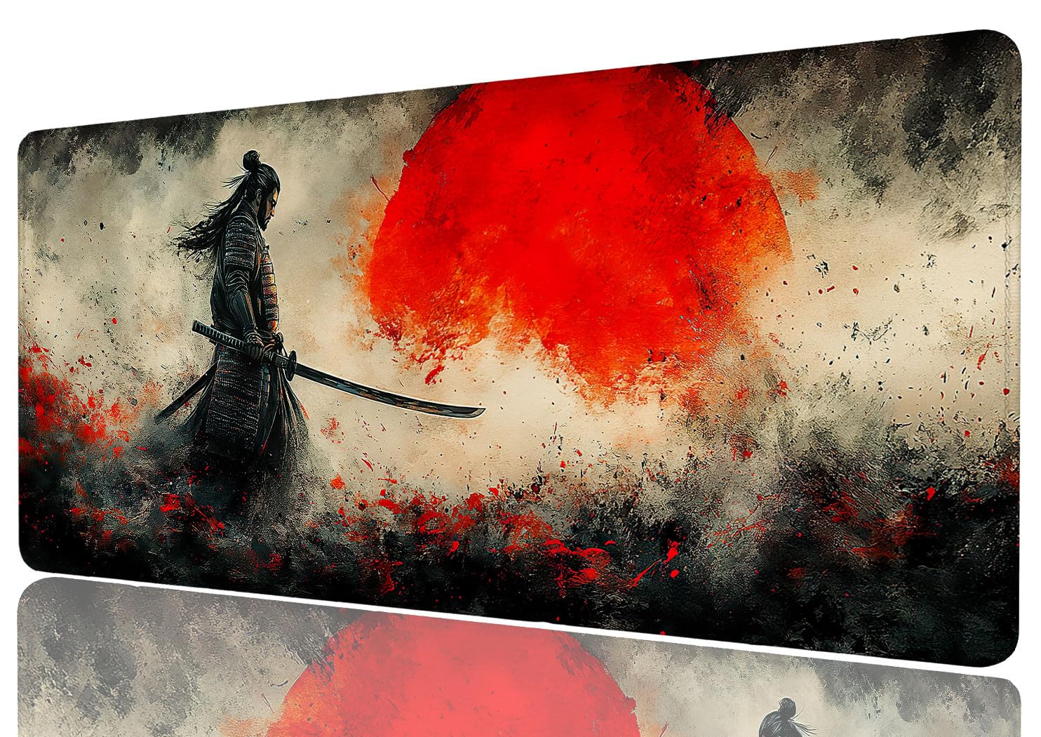 Warrior Mouse Pad Japan Red Sun Sword Raised Watercolor Extended Gaming Desk Pad Mat with Stitched Edge Non-Slip Base Office Computer Keyboard Laptop Home 31.5"x11.8"