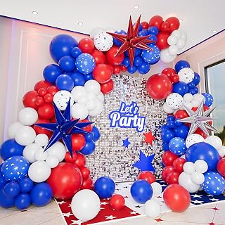 161pcs Red White and Blue Balloon Arch Kit Patriotic Balloons with Explosion Star Balloons for 4th of July Balloon Garland Nautical Veterans Memorial Day Baseball Graduation Party Decorations
