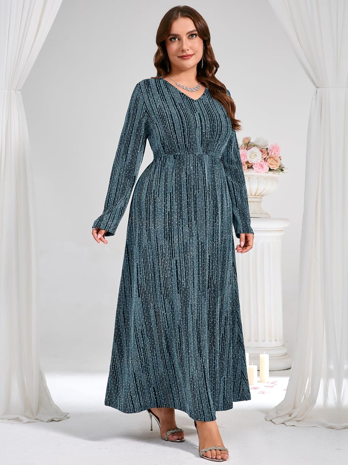 ZOMVA Plus Size Sparkly Formal Dress A-Line V-Neck Long Sleeve Glitter Maxi Gown Wedding Guest Cocktail Evening Party - Image 4
