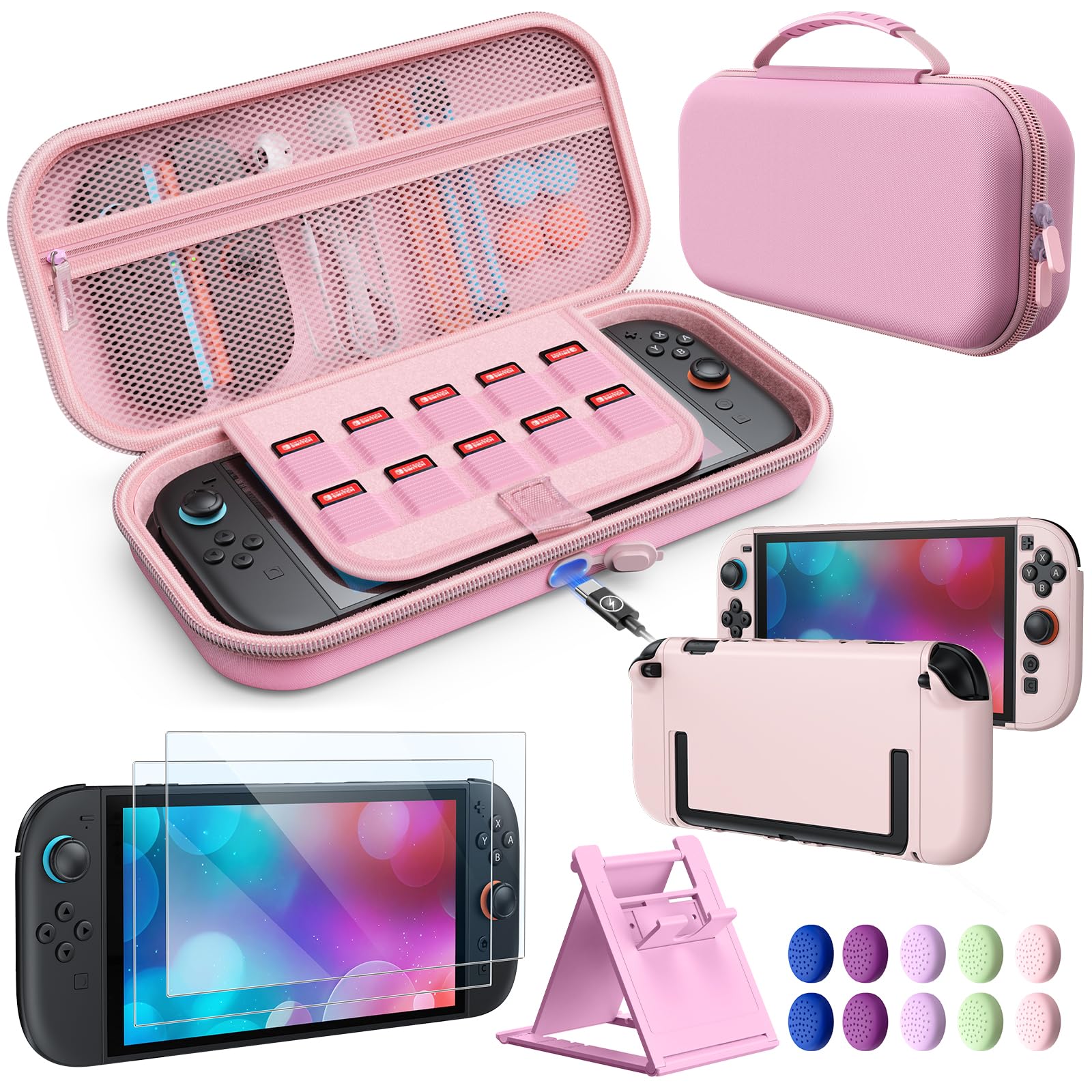 Switch 2 Accessories, Case Bundle for Nintendo Switch 2 Console | FYOUNG 16 IN 1 Kit:Carrying Case,Protective Shell, Screen Proetctor, Grip for Joycon- Pink