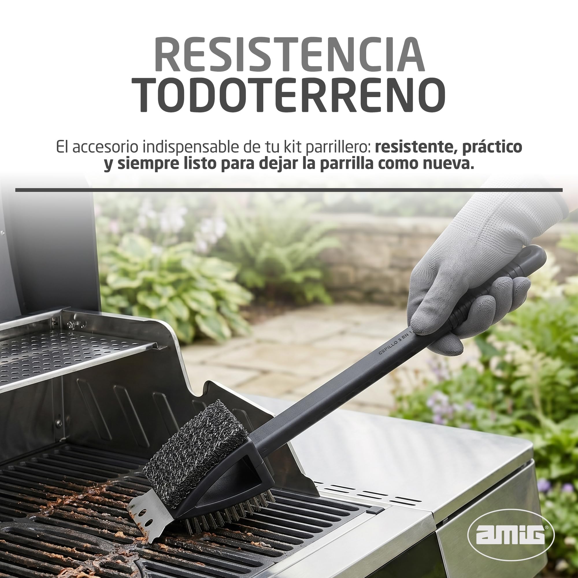 Amig Brosse de Nettoyage Barbecue 3 en 1 AM20 - Acier Inoxydable 201, 37 x 6 cm