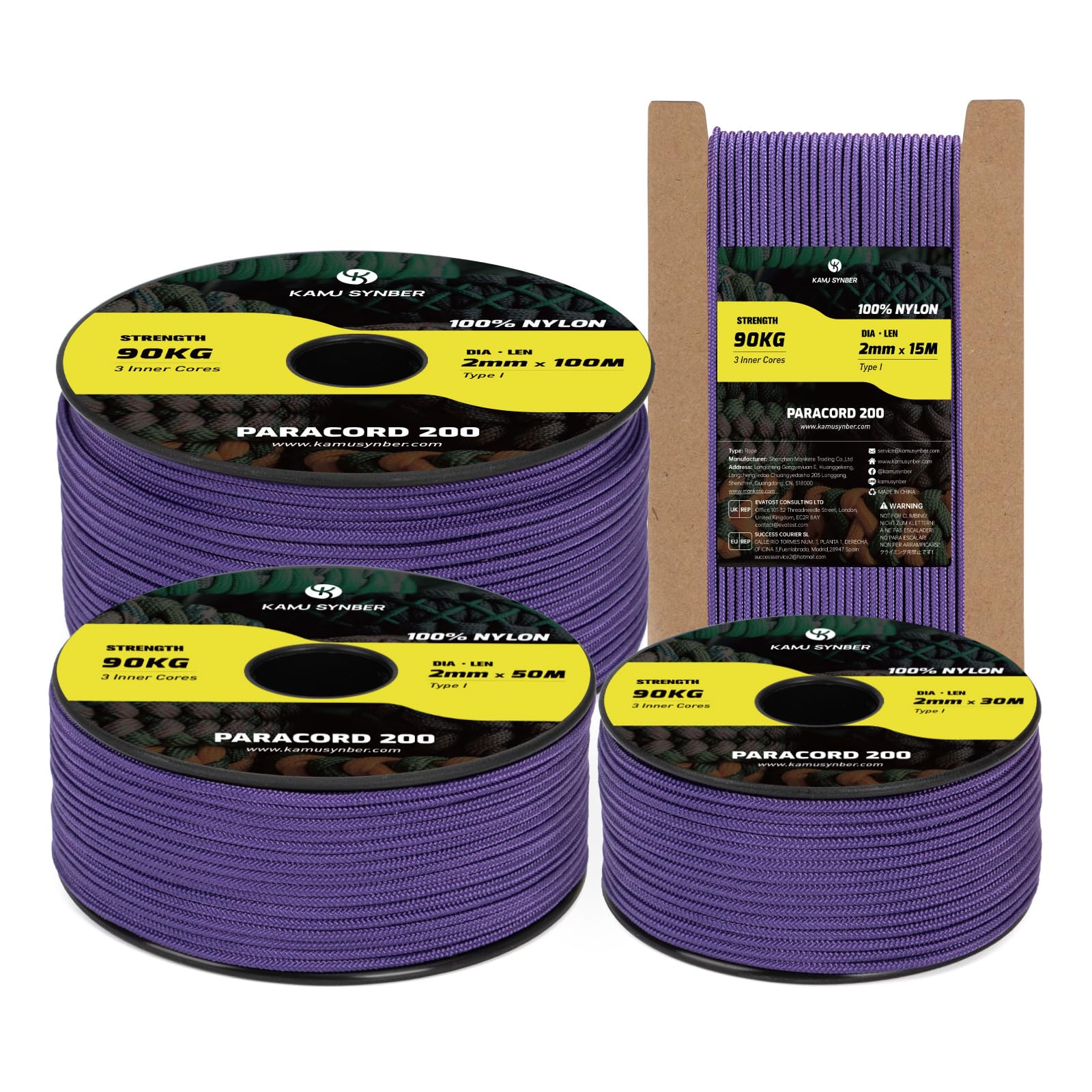 Kamu Synber Paracord 2mm 3 Strands 100M 100% Nylon Rope Type I Parachute Cord for Craft, Outdoor, DIY, Camping | Support 90kg | Purple