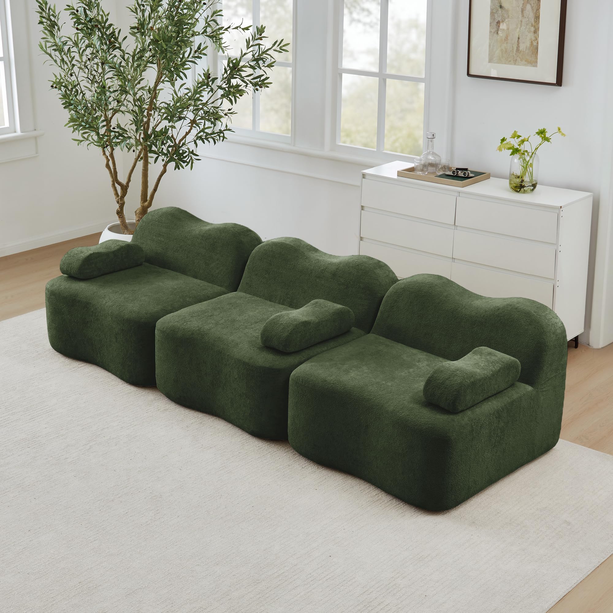 Boneless Sofa 3 Sitzer, Modulares Cloud Sofa ohne Aufbau, Wellenform, 32D Schaum, Tiefe Sitzfläche, Bewegliches Armkissen, für Wohnzimmer, Grün