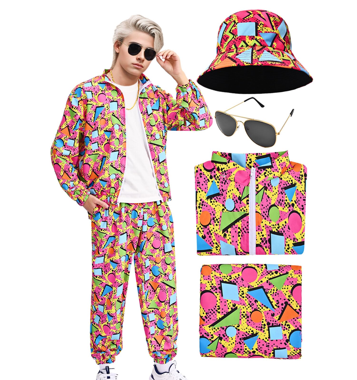 Antsparty Retro 80s 90s Outfit for Men, 80s Fancy Dress with Sportswear Jacket Pants Hat and Glasses, Vintage Beach Tracksuit for Themed Disco Party Costumes