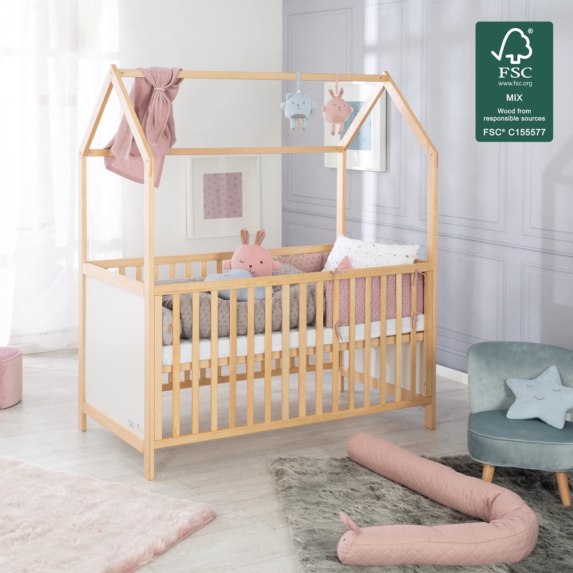 roba Cuna de Bebé en Forma de Casa 70 x 140 cm - Certificación FSC - Cama Infantil Altura Ajustable - Convertible en Cama Juvenil - Madera Bicolor
