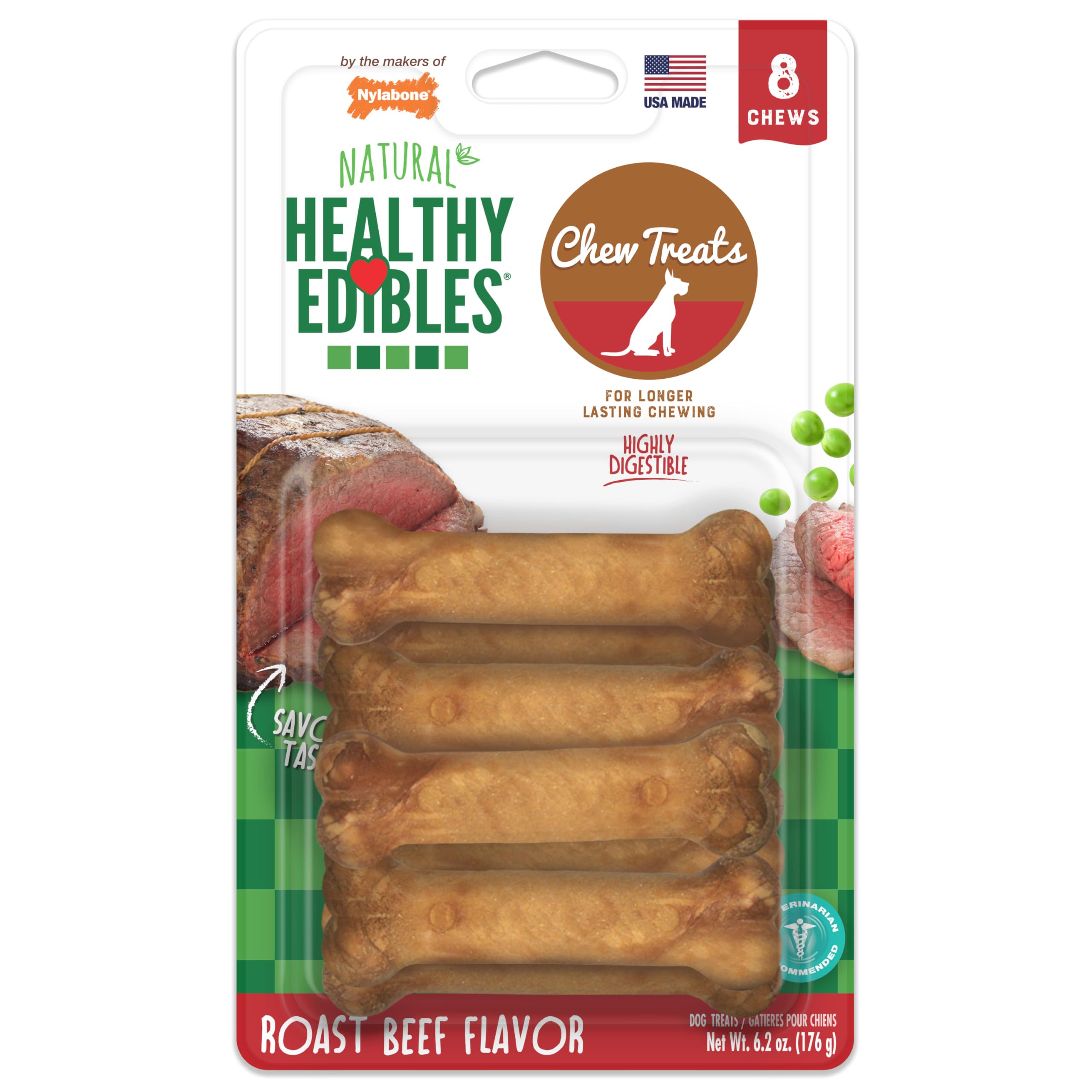 Nylabone Healthy Edibles All-Natural Long Lasting Roast Beef Flavor Chew Treats 8 count Petite - Up to 15 lbs. (NE801VP8P)