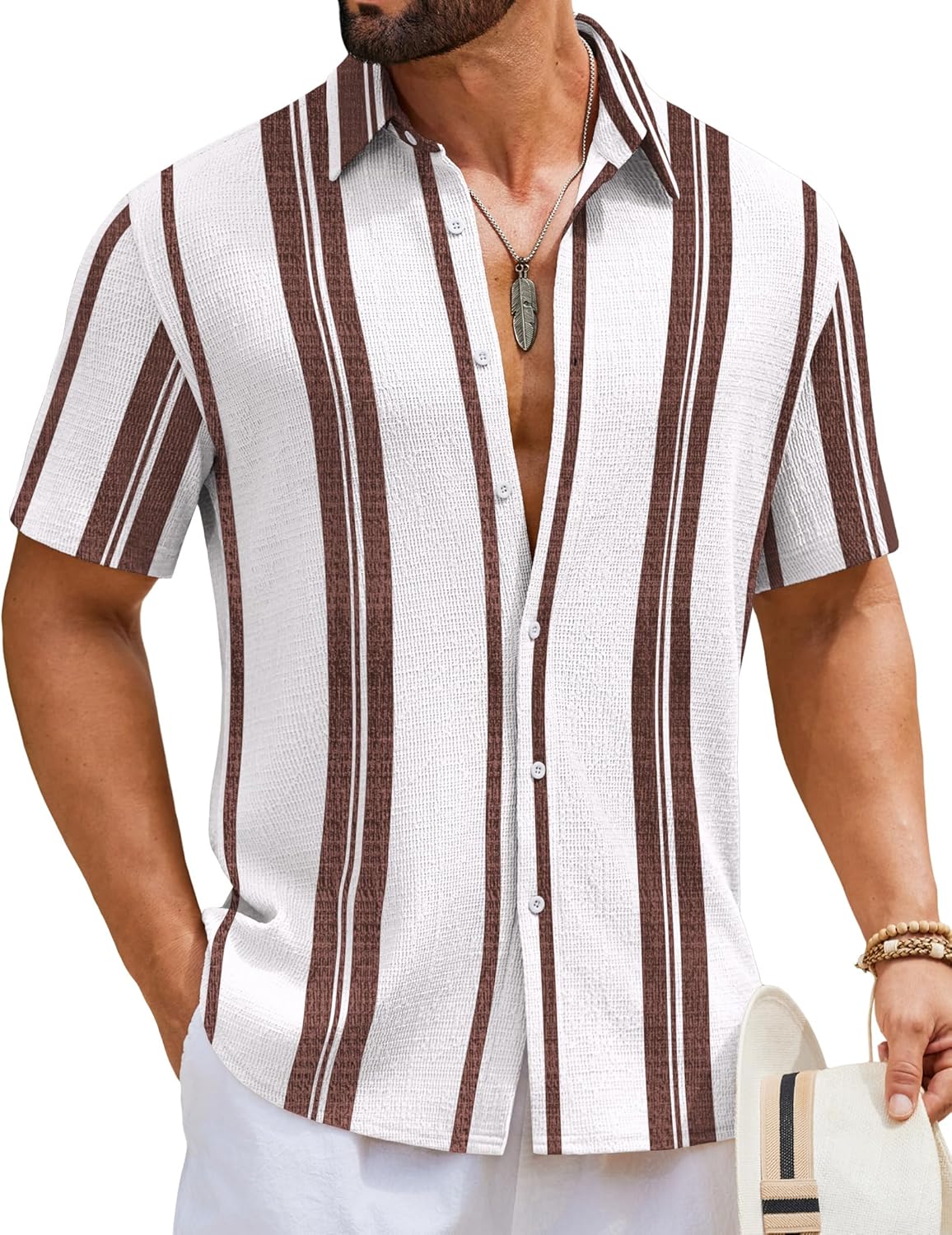 COOFANDY Mens Short Sleeve Casual Shirts Button Down Striped Summer Shirts Textured Vacation Beach Shirt