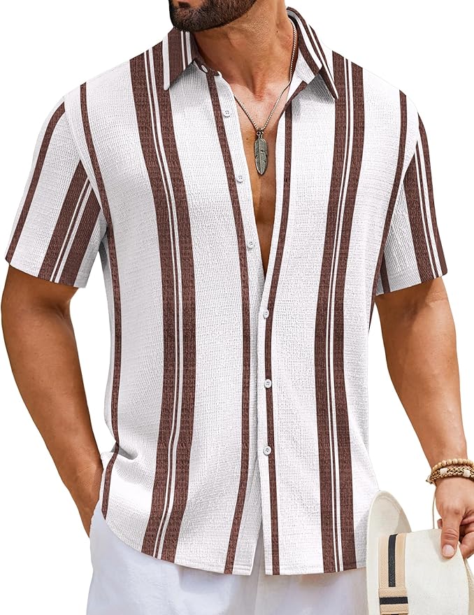 COOFANDY Mens Short Sleeve Casual Shirts Button Down Striped Summer Shirts Textured Vacation Beach Shirt