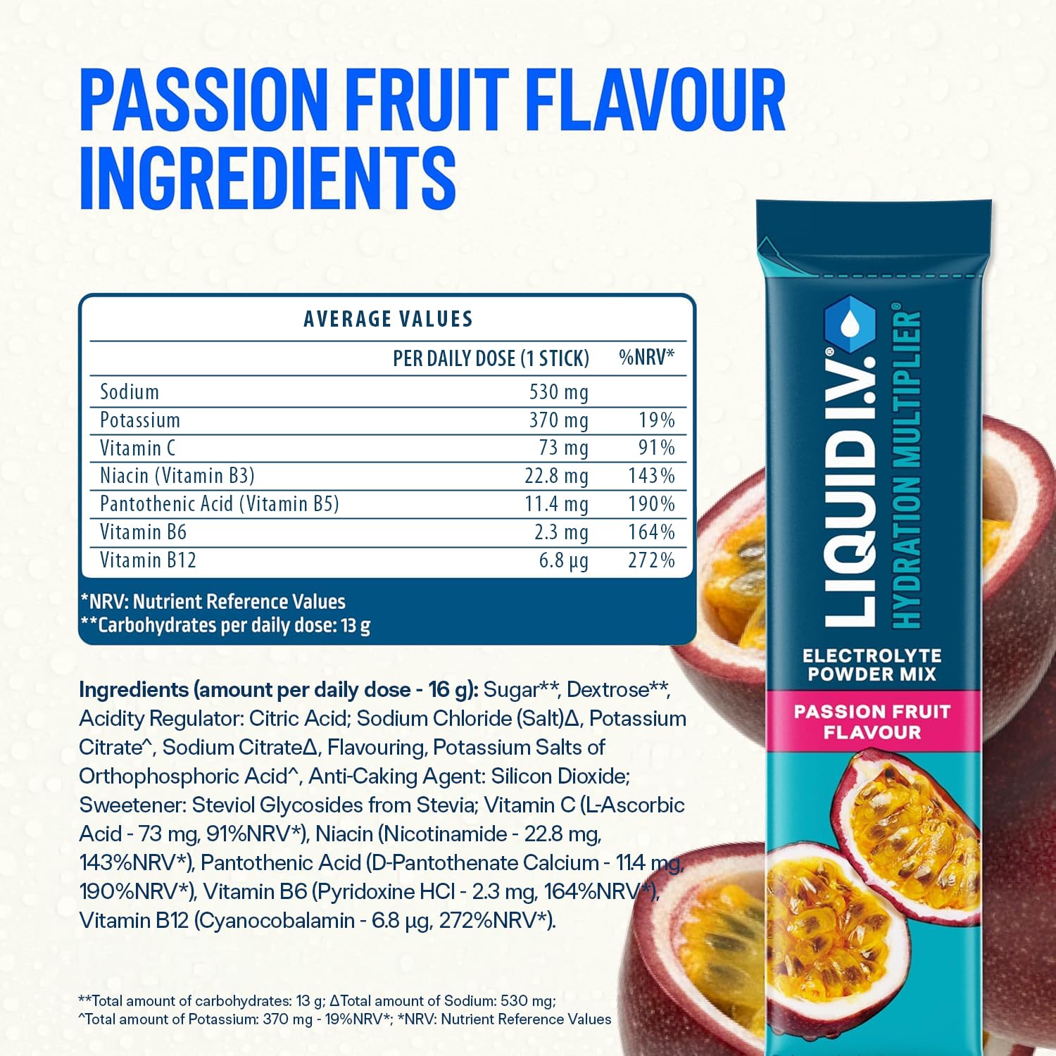 Liquid I.V. Hydration Multiplier Electrolyte Powder Mix, Passion Fruit Flavour, Electrolytes with 7 Vitamins & Minerals for Fast Hydration & Energy, Vegan and Gluten Free, 16 Sachet Sticks — view 7