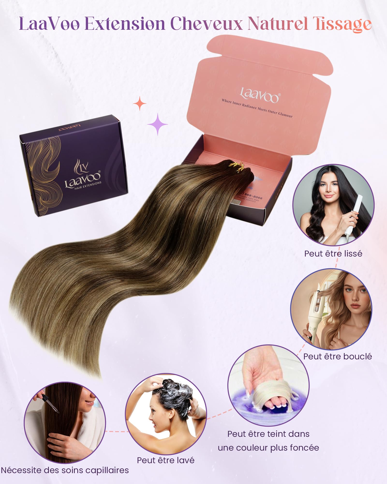 LaaVoo Tissage Naturel Cheveux Humains Balayage Marron Foncé 45cm 100g | Extension Cheveux Naturel Tissage Marron Foncé Blonde Ombre Adaptée aux Coiffures Ondulées et aux Rendez-Vous