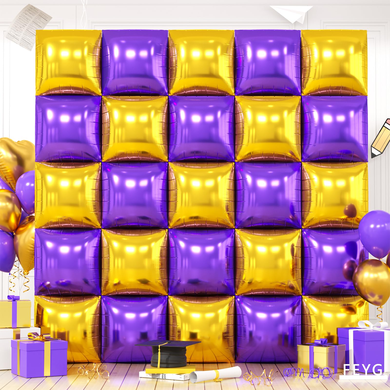 Metallic Purple Gold and Silver Double Sided Square Foil Balloons Wall,19 Inches Chrome Foil Balloons Tunnel Arch Kit for Bachelorette,Anniversary,
