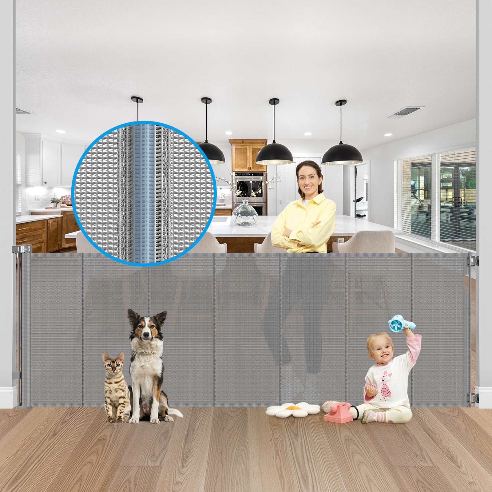 Reinforced 42" Extra Tall X 100" Extra Long Baby Gate for Large Openings with Reinforced Bars Retractable Pet Gate for Dogs Extra Wide Retractable Baby Gate No Sagging Extra Tall Retractable Dog Gate