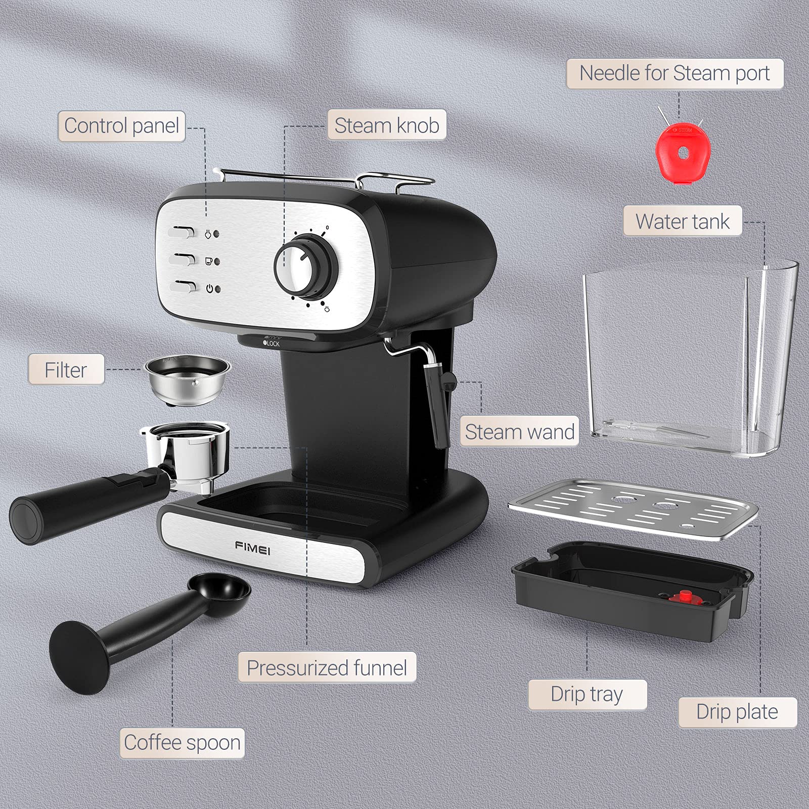 Coffee Machine, FIMEI 20 Bar Coffee Maker with Milk Frother Wand for