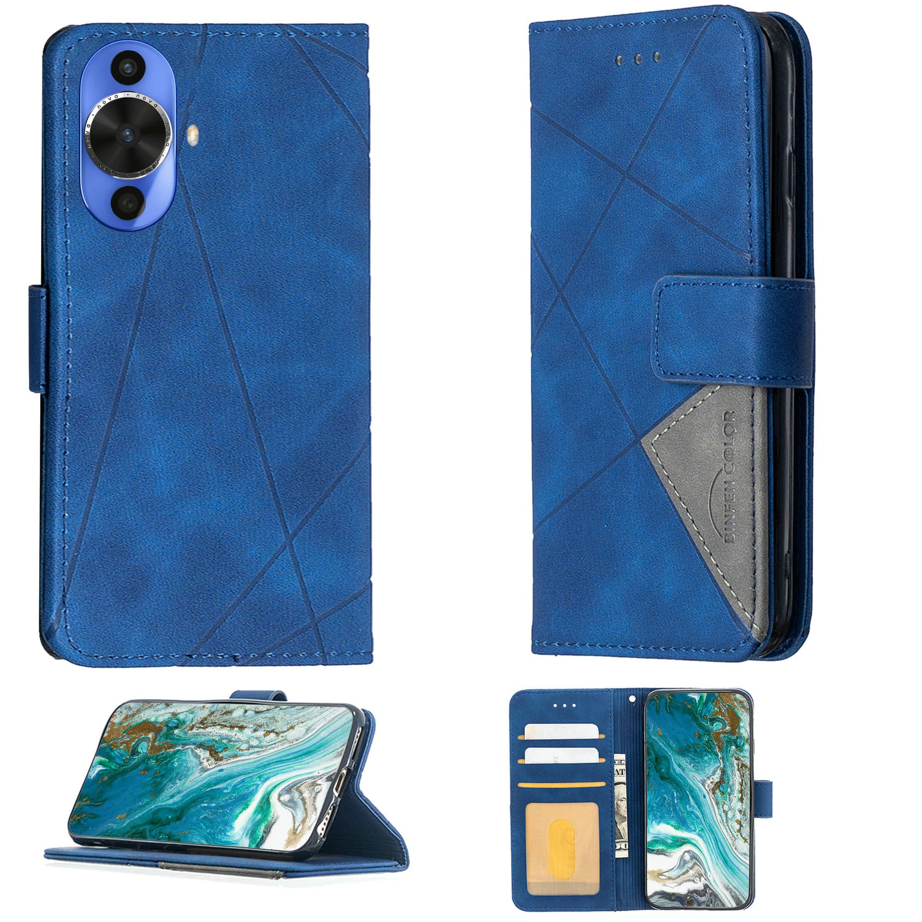 Case Compatible for Huawei Nova 12s Phone Case Cover [with Tempered Glass Screen Protector] Flip Stand Cover PU Leather Wallet Case Blue