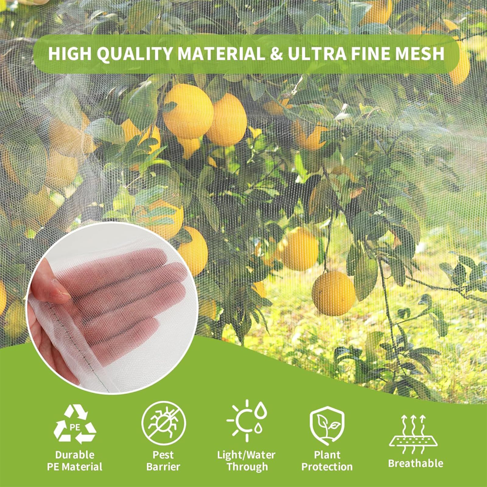 Red antipájaros y ct para plantas con cremallera y cordón, malla 60 (1 mm), protección transpirable contra insectos asiáticos, pájaros y pulgones - Saco de cubierta para árboles frutales