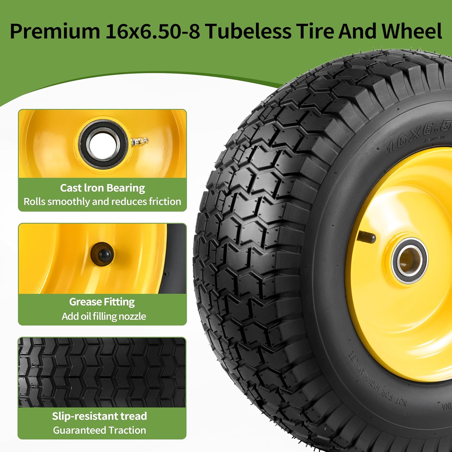 2 PCS 16x6.50-8 Tubeless Tire and Wheel, 4 Ply 16x6.5-8 Lawn Mower Tires,3"Offset Hub,with 1"bearing & 3/4"Bearing, Universal Fit Riding Mowers and Garden Tractor rear Wheel,35 Psi,715 Lbs Capacity