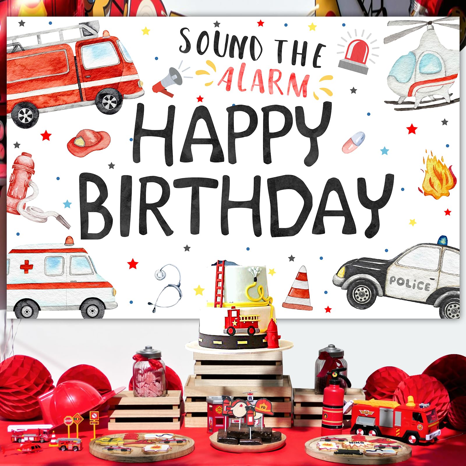 Two The Rescue Backdrop Firetruck Ambulance Police Car Party Decor Wonmelody Emergency Birthday ...
